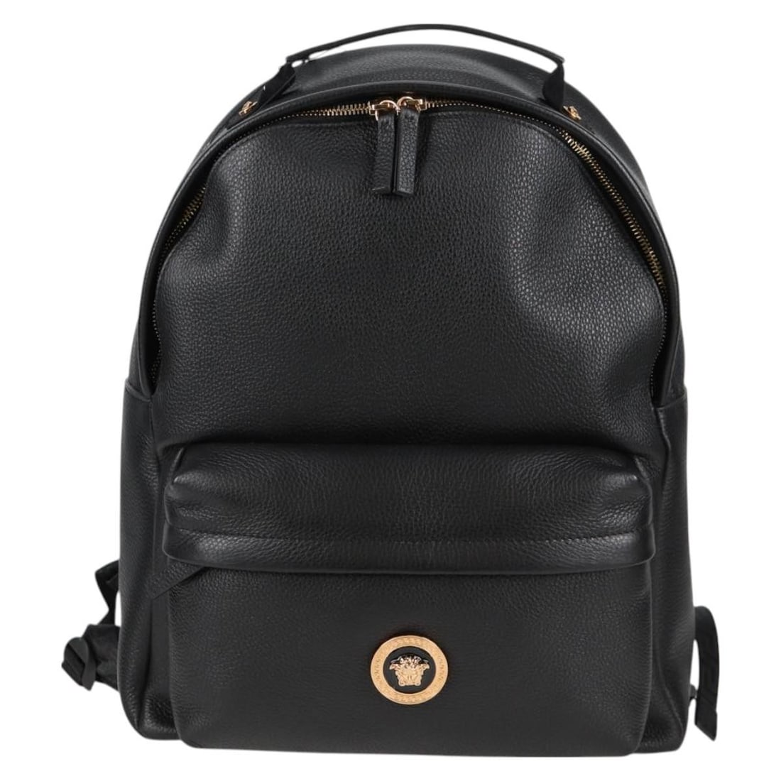 Black Leather Versace Medusa Zip Backpack for Women: Black Leather Versace Medusa Zip Backpack for Women This Versace Medusa Zip Backpack is crafted from black leather designed for women. It features a spacious interior and exterior pockets, all in exce