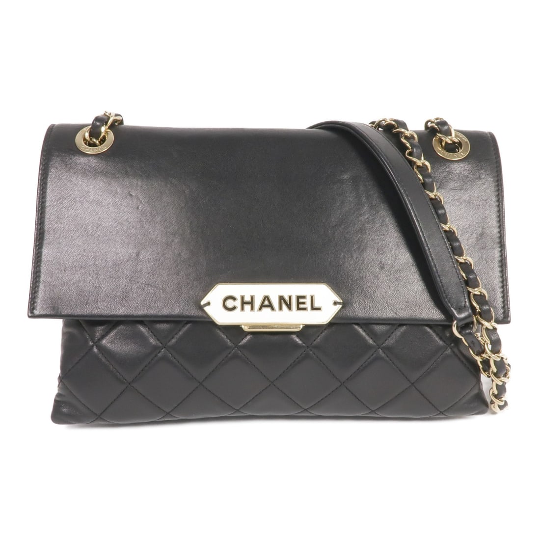 CHANEL Black Lambskin Chain Shoulder Bag with Gold Hardware: CHANEL Black Lambskin Chain Shoulder Bag with Gold Hardware This CHANEL shoulder bag is crafted from luxurious lambskin leather in a classic black hue. With dimensions of 10.2 inches in length, 7.5 in