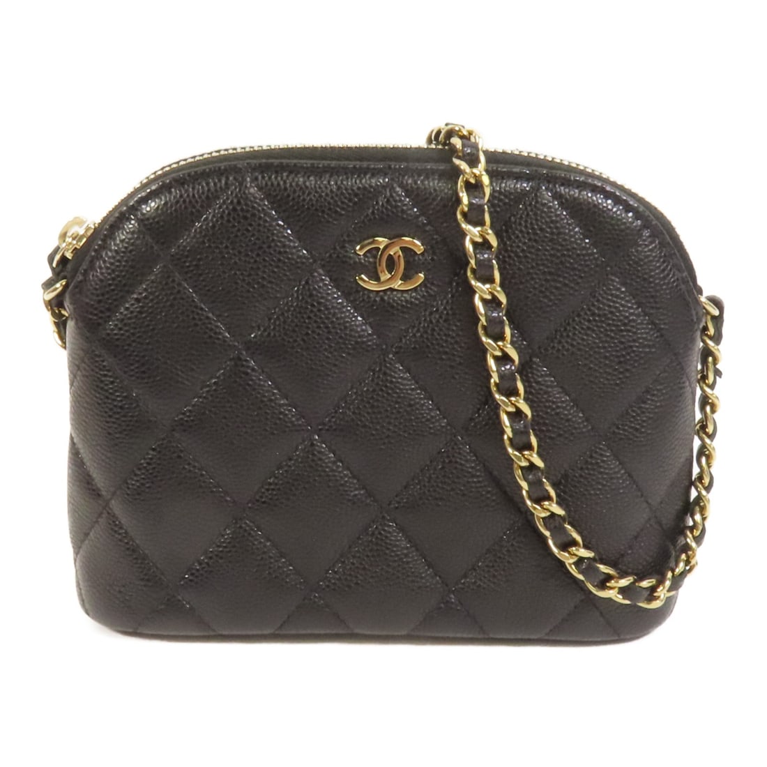 Black Calfskin Chanel Shoulder Bag with CC Logo and Gold Hardware: Black Calfskin Chanel Shoulder Bag with CC Logo and Gold Hardware This CHANEL CC chain shoulder bag is crafted from black calfskin leather and features a gold-tone chain accent. Designed in a compact