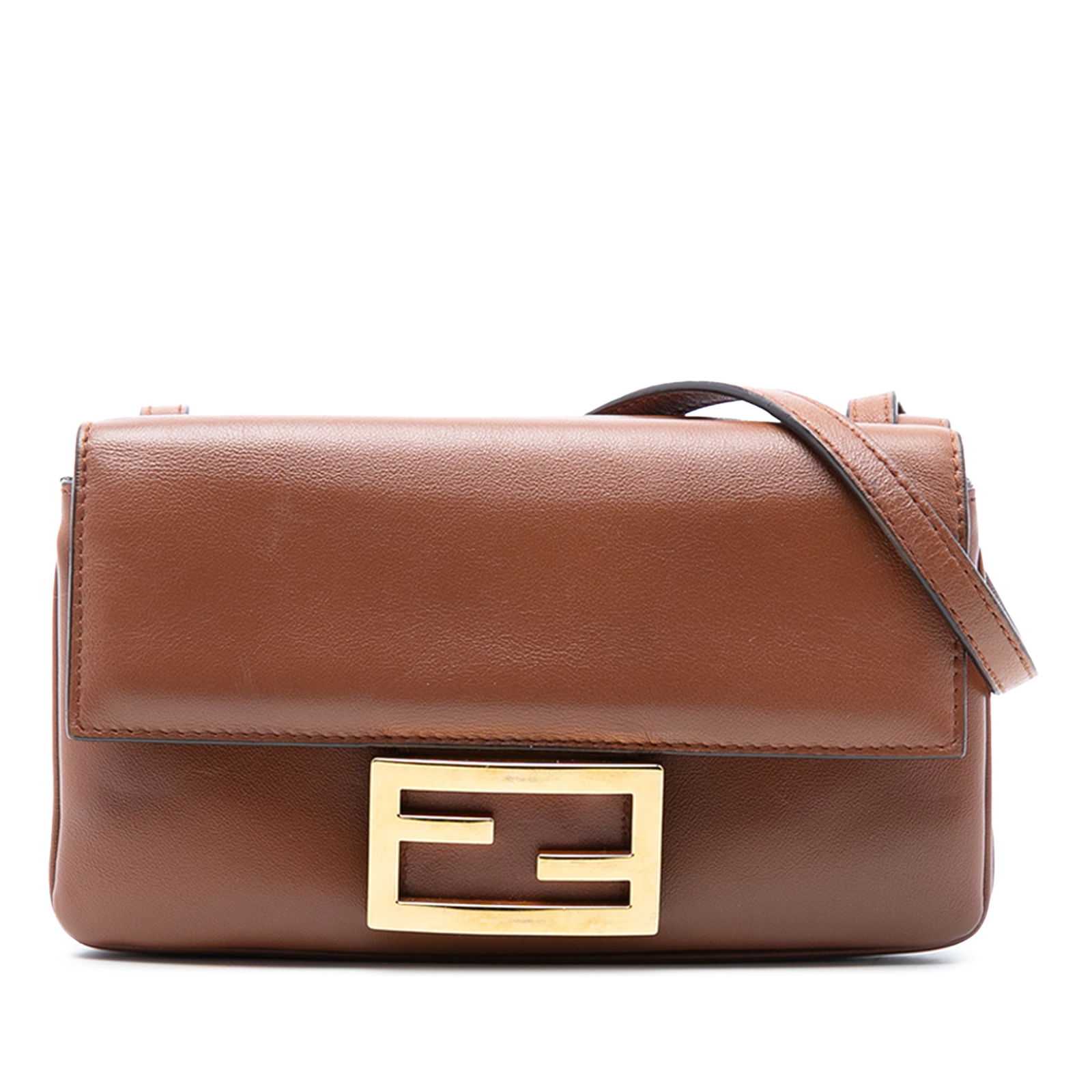 Fendi Duo Baguette Brown Leather Crossbody Bag with Double Flap: Fendi Duo Baguette Brown Leather Crossbody Bag with Double Flap This Fendi Leather Duo Baguette Crossbody features a brown leather body with a flat leather shoulder strap. The bag is designed with dou