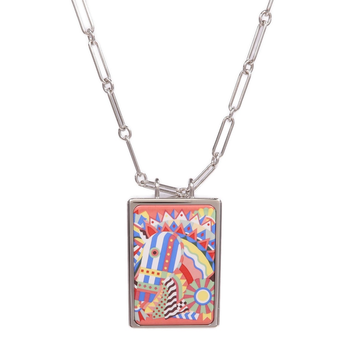 Silver Metal Necklace with Locket Pendant by HERMES: Silver Metal Necklace with Locket Pendant by HERMES This Hermes locket necklace features a sleek silver-tone metal construction and a minimalist design. Crafted in France, it is designed without any m