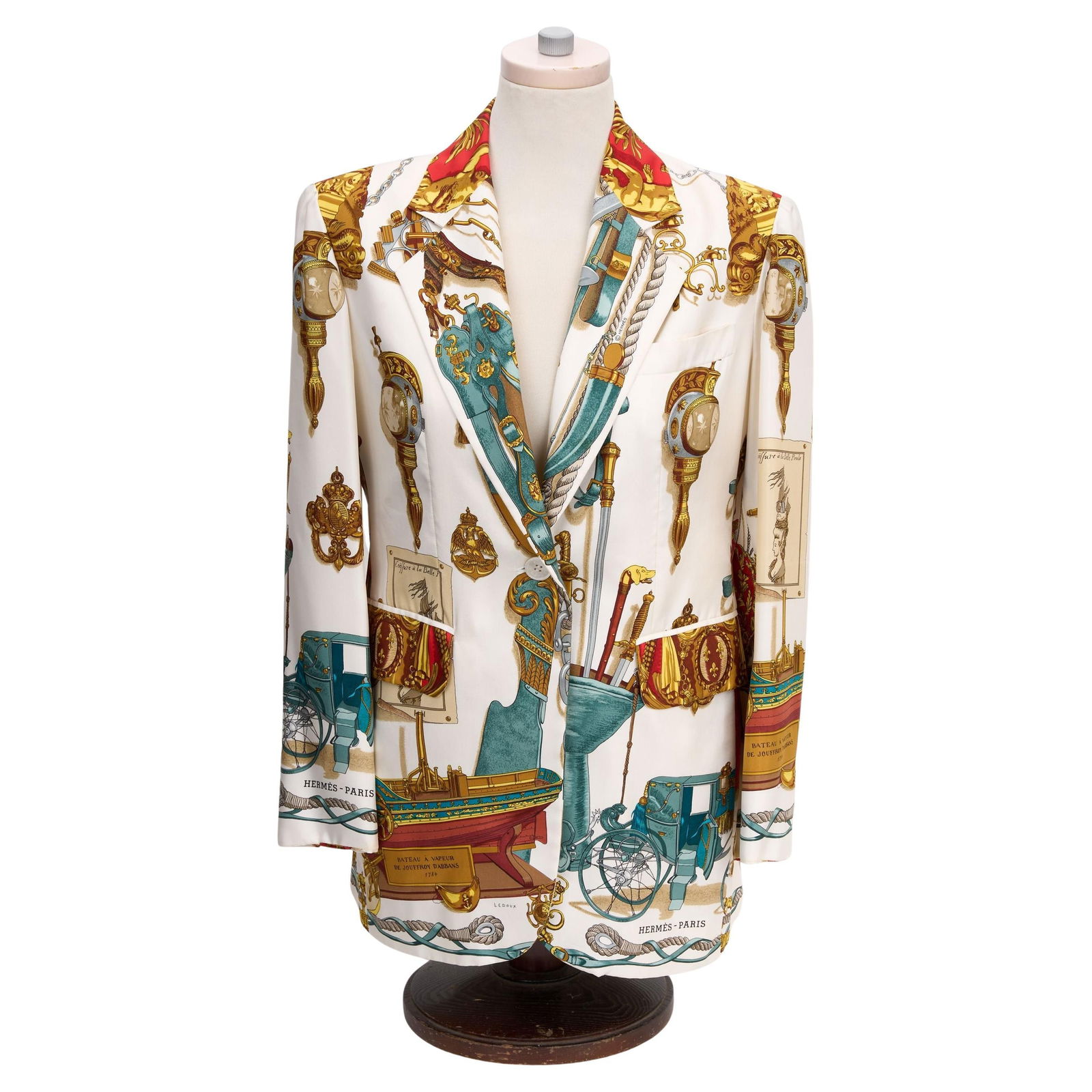 Hermes Ledoux Silk Print Blazer Jacket French 42: Hermes Ledoux Silk Print Blazer Jacket French 42 This exquisite Hermes silk print blazer jacket, designed by Ledoux, showcases a sophisticated blazer style featuring elegant lapels, long sleeves, and