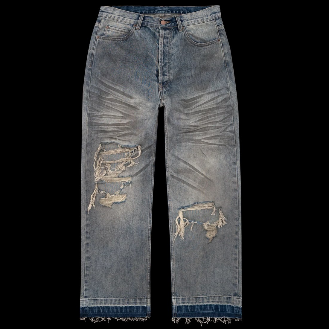 Blue Dirty Wash Denim Jeans by Bravest Studios: Blue Dirty Wash Denim Jeans by Bravest Studios The Bravest Studios Dirty Wash Blue Denim Pants feature a rugged dirty-wash finish on heavyweight denim, offering a bold, street-ready look. Crafted for