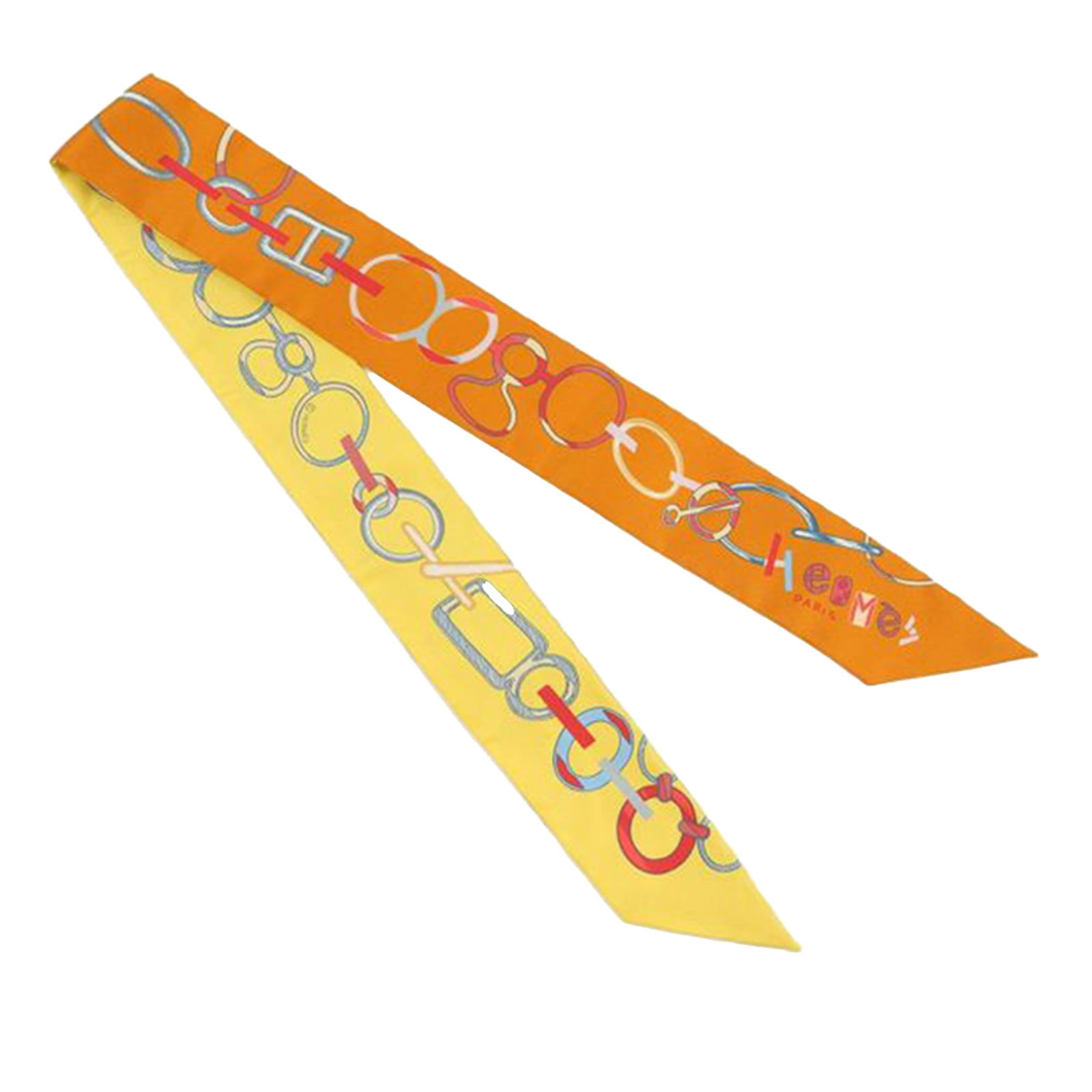 Do Re Boucles Orange Silk Twilly Scarf by Hermes: Do Re Boucles Orange Silk Twilly Scarf by Hermes This Hermes Do Re Boucles Twilly scarf features the signature Do Re Boucles print on 100% silk, presented in an orange color. Made in France, this acce