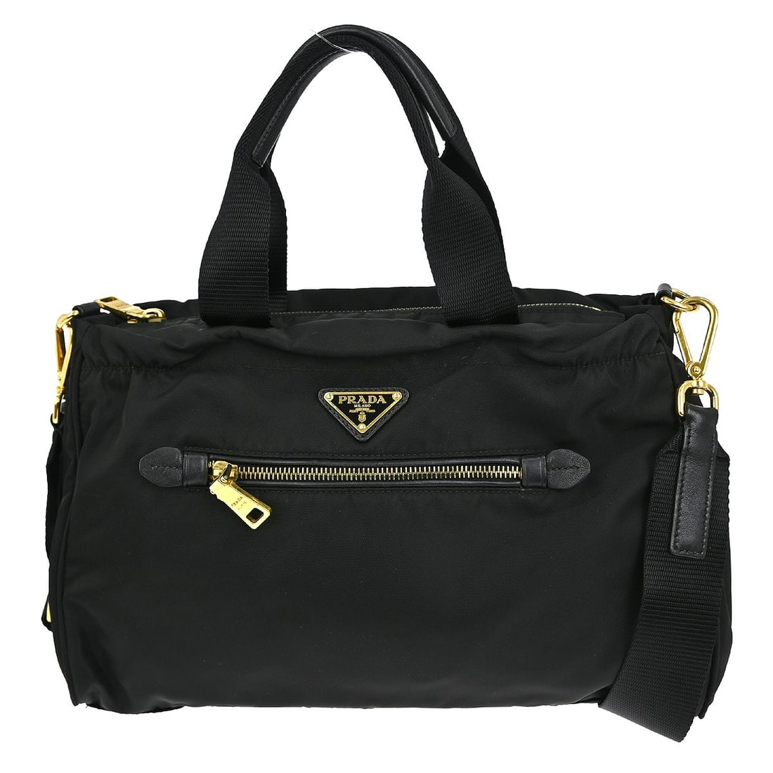 Prada Large Black Nylon and Leather Top Handle Bag 2-Way Italy: Prada Large Black Nylon and Leather Top Handle Bag 2-Way Italy This Prada black nylon 2-way handbag features a top handle design with leather and nylon exterior materials. The bag offers a spacious la