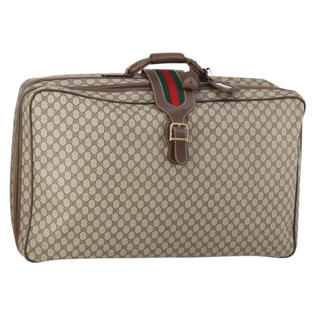 GUCCI GG Supreme Sherry Travel Bag Beige Gold PVC Auth 146422: GUCCI GG Supreme Sherry Travel Bag Beige Gold PVC Auth 146422 This luxurious GUCCI GG Supreme Web Sherry Line Travel Bag is crafted from high-quality PVC leather in a sophisticated beige and gold colo