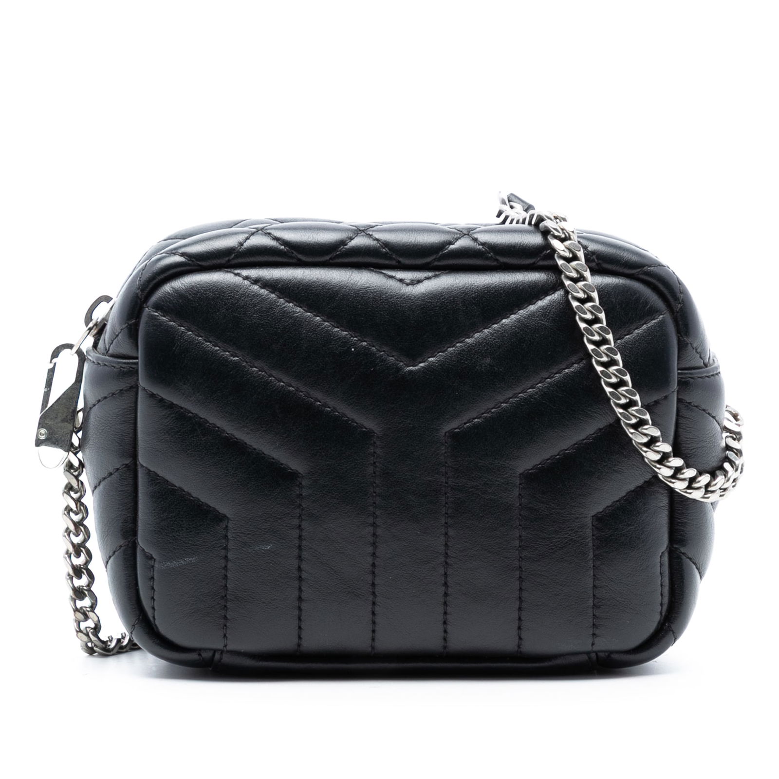 Black Quilted Leather Saint Laurent Loulou Small Bowling Crossbody Bag: Black Quilted Leather Saint Laurent Loulou Small Bowling Crossbody Bag This Saint Laurent Small Calfskin Loulou Bowling Bag features a quilted leather exterior in black, complemented by a chain link s