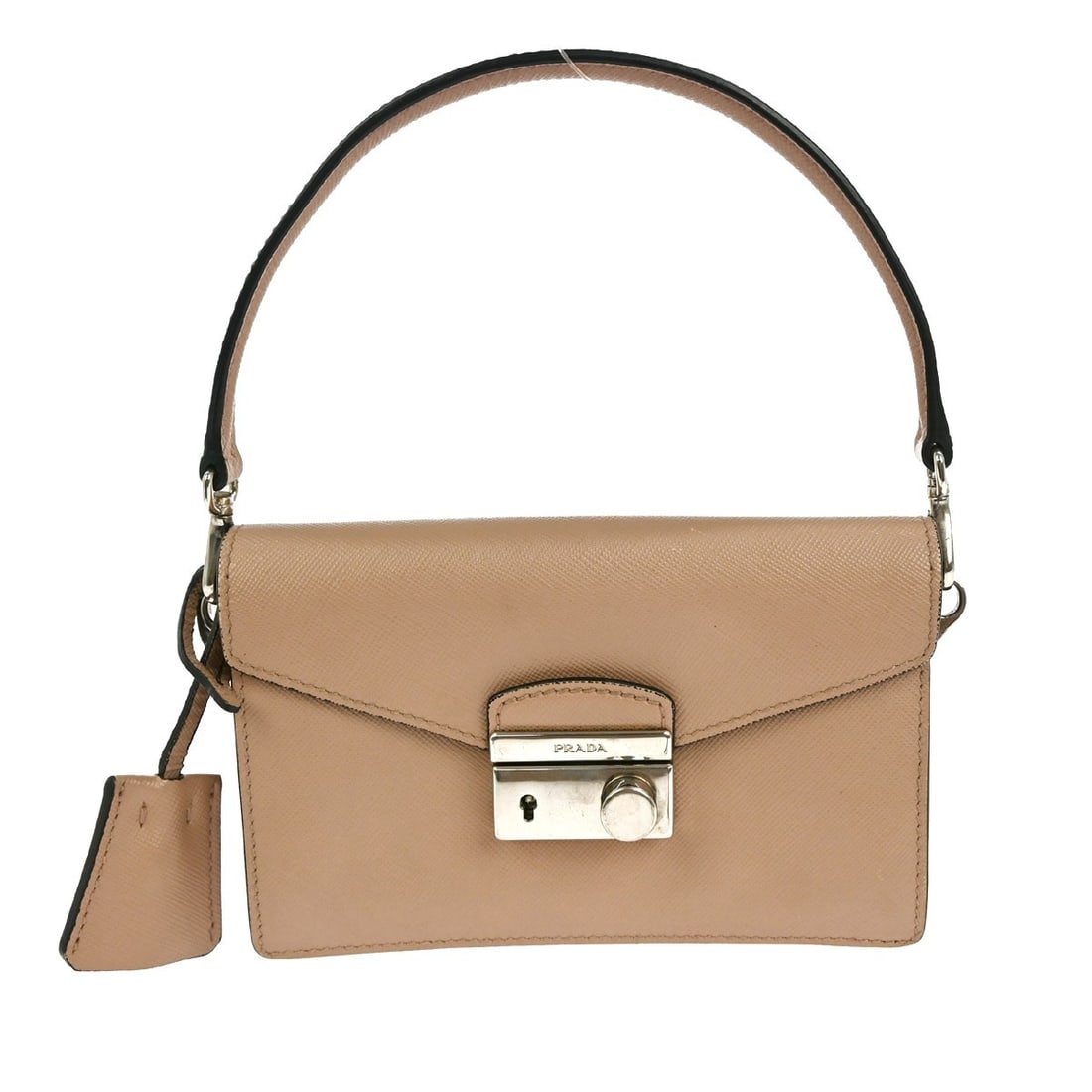 Mini Top Handle Prada Beige Leather Bag with Logo Accent: Mini Top Handle Prada Beige Leather Bag with Logo Accent Elevate your casual style with this Prada Beige Leather Handbag, designed for those who appreciate luxury and practicality. This mini top handl