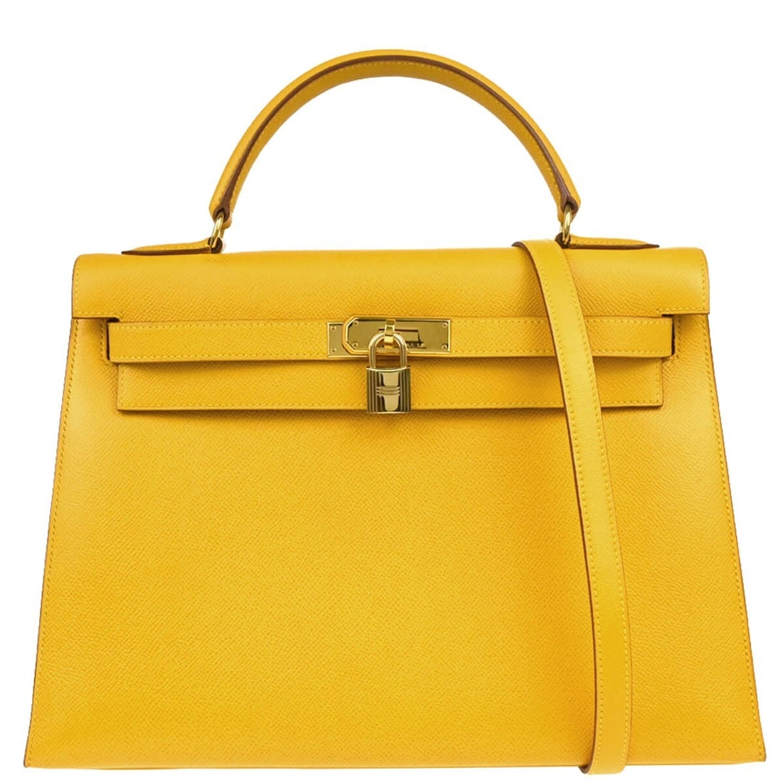 Kelly 32 Yellow Leather Top Handle Bag by Hermes with Gold Hardware: Kelly 32 Yellow Leather Top Handle Bag by Hermes with Gold Hardware This Hermes Kelly 32 Sellier handbag is crafted from yellow Courchevel leather and features a structured, medium-sized silhouette. T