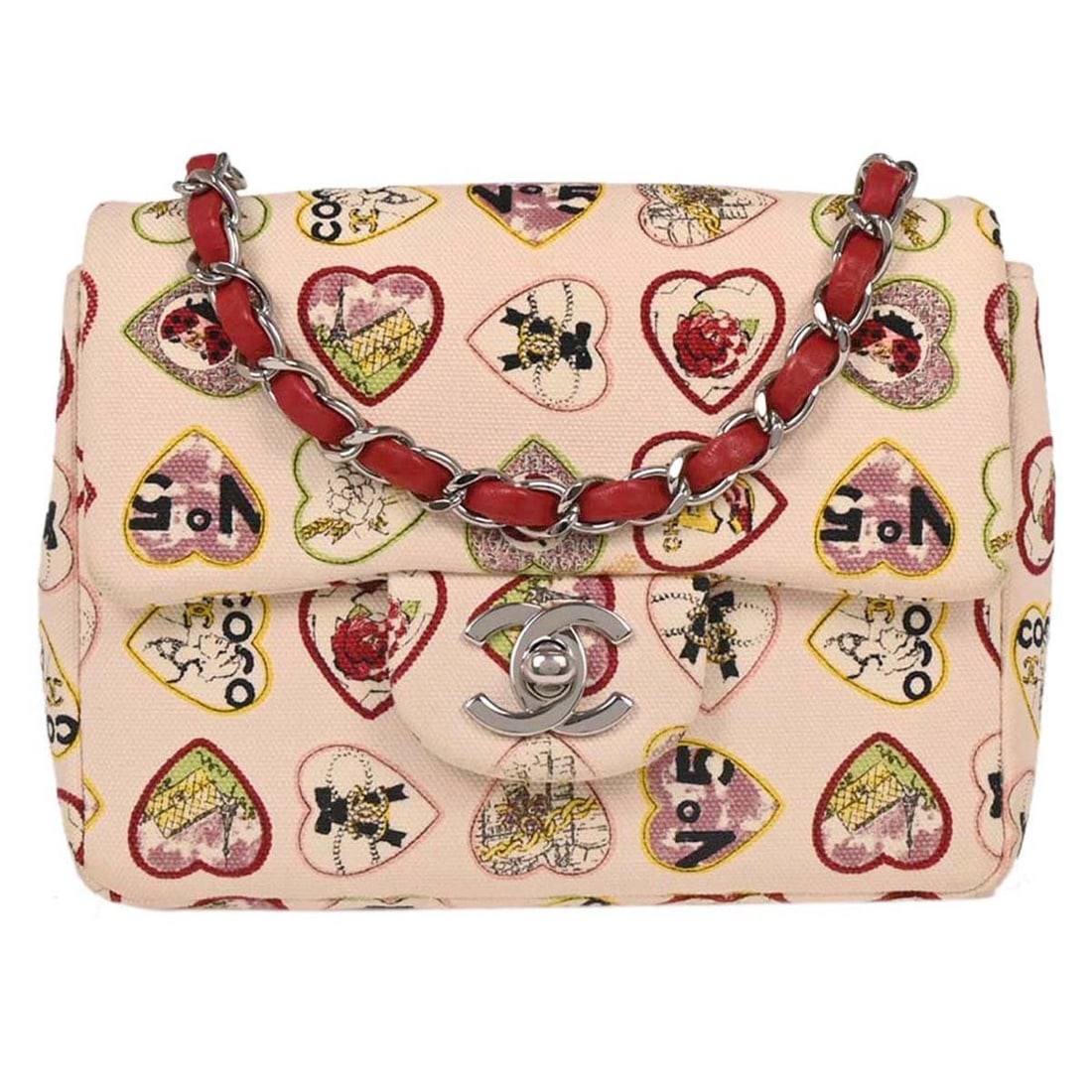 Chanel Mini Classic Square Pink Canvas Shoulder Bag Valentine Collection: Chanel Mini Classic Square Pink Canvas Shoulder Bag Valentine Collection This Chanel Pink Valentine Mini Classic Square Flap Shoulder Bag features a quilted canvas exterior with a flap turnlock closur