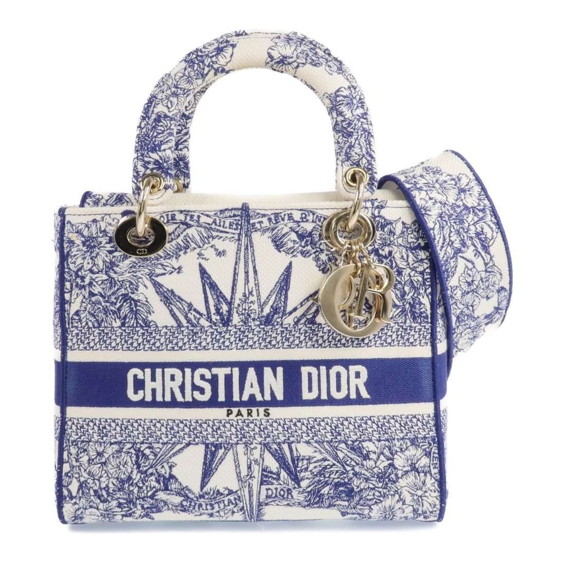 Dior Lady Dior Canvas Shoulder and Hand Bag White Blue 2 Way Style: Dior Lady Dior Canvas Shoulder and Hand Bag White Blue 2 Way Style This Christian Dior Lady Dior 2-way shoulder bag is crafted from white canvas with blue accents. The bag features a versatile design