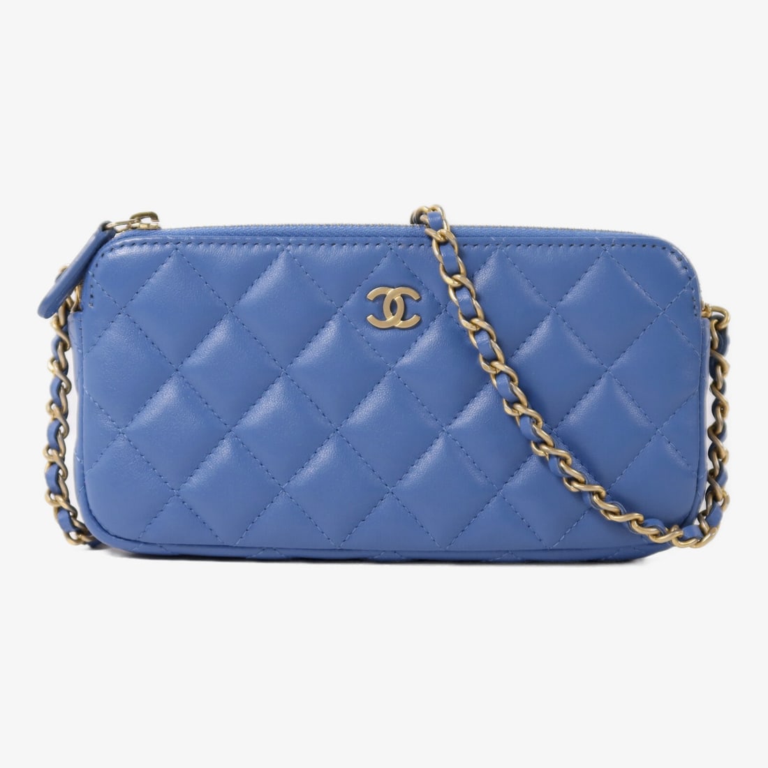 Blue Lambskin CHANEL Wallet On Chain Shoulder Bag with CC Logo and Gold Hardware: Blue Lambskin CHANEL Wallet On Chain Shoulder Bag with CC Logo and Gold Hardware This CHANEL CC Wallet On Chain shoulder bag is crafted from luxurious blue lambskin leather. Designed for versatility a