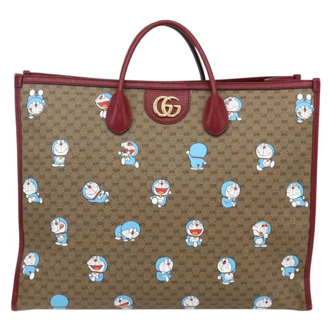 Mini GG Coated Canvas Tote Gucci Doraemon Beige PVC 43x33x18cm: Mini GG Coated Canvas Tote Gucci Doraemon Beige PVC 43x33x18cm This Gucci Doraemon Tote features the iconic Mini GG coated canvas with a beige PVC exterior. Designed for women, this tote combines clas