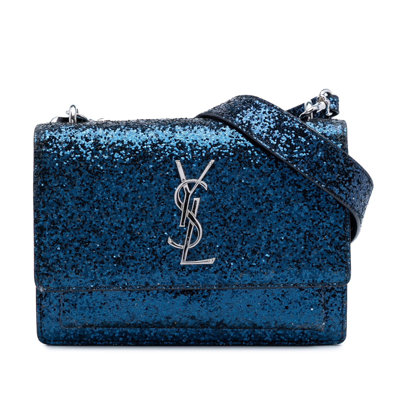 Saint Laurent Blue Glittered Leather Monogram Sunset Crossbody Bag: Saint Laurent Blue Glittered Leather Monogram Sunset Crossbody Bag Elevate your accessory game with the Saint Laurent Small Glittered Leather Monogram Sunset Crossbody bag. Crafted in Italy, this stun