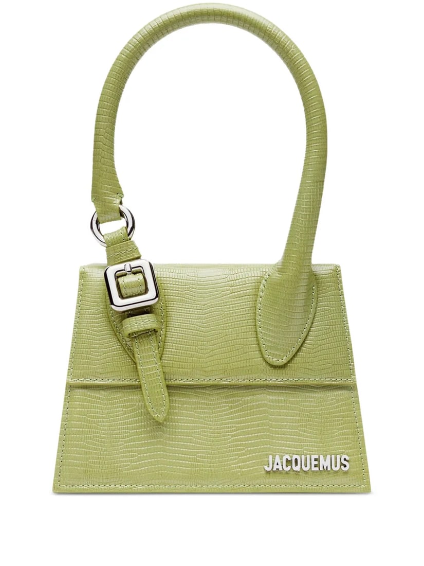 Jacquemus Le Chiquito Moyen Boucle Green Lizard Effect Leather Bag: Jacquemus Le Chiquito Moyen Boucle Green Lizard Effect Leather Bag This Jacquemus Le Chiquito Moyen Boucle Bag features a luxurious embossed lizard-skin effect in vibrant apple green leather. Designed
