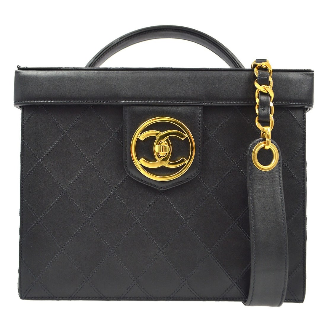 Chanel Bicolore Black Lambskin 2way Vanity Handbag: Chanel Bicolore Black Lambskin 2way Vanity Handbag This Chanel Bicolore Vanity 2way Handbag is a stylish addition to any wardrobe. Crafted from high-quality black lambskin leather, this medium-sized h