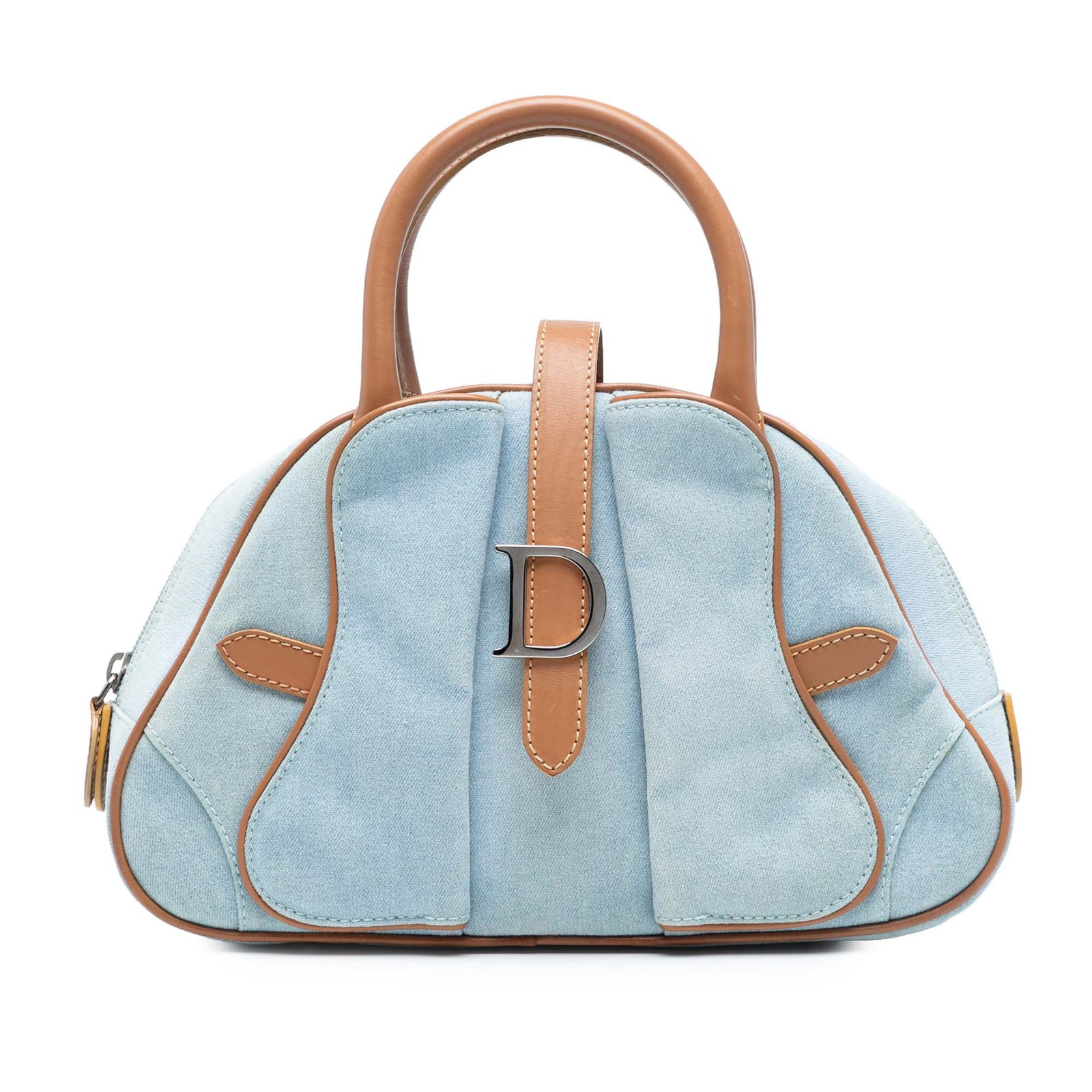 Dior Mini Denim Double Saddle Bowler Bag Blue Fabric Italy: Dior Mini Denim Double Saddle Bowler Bag Blue Fabric Italy The Dior Mini Denim Double Saddle Bowler Bag is a stylish accessory crafted with a denim body. It features rolled leather handles, a secure t