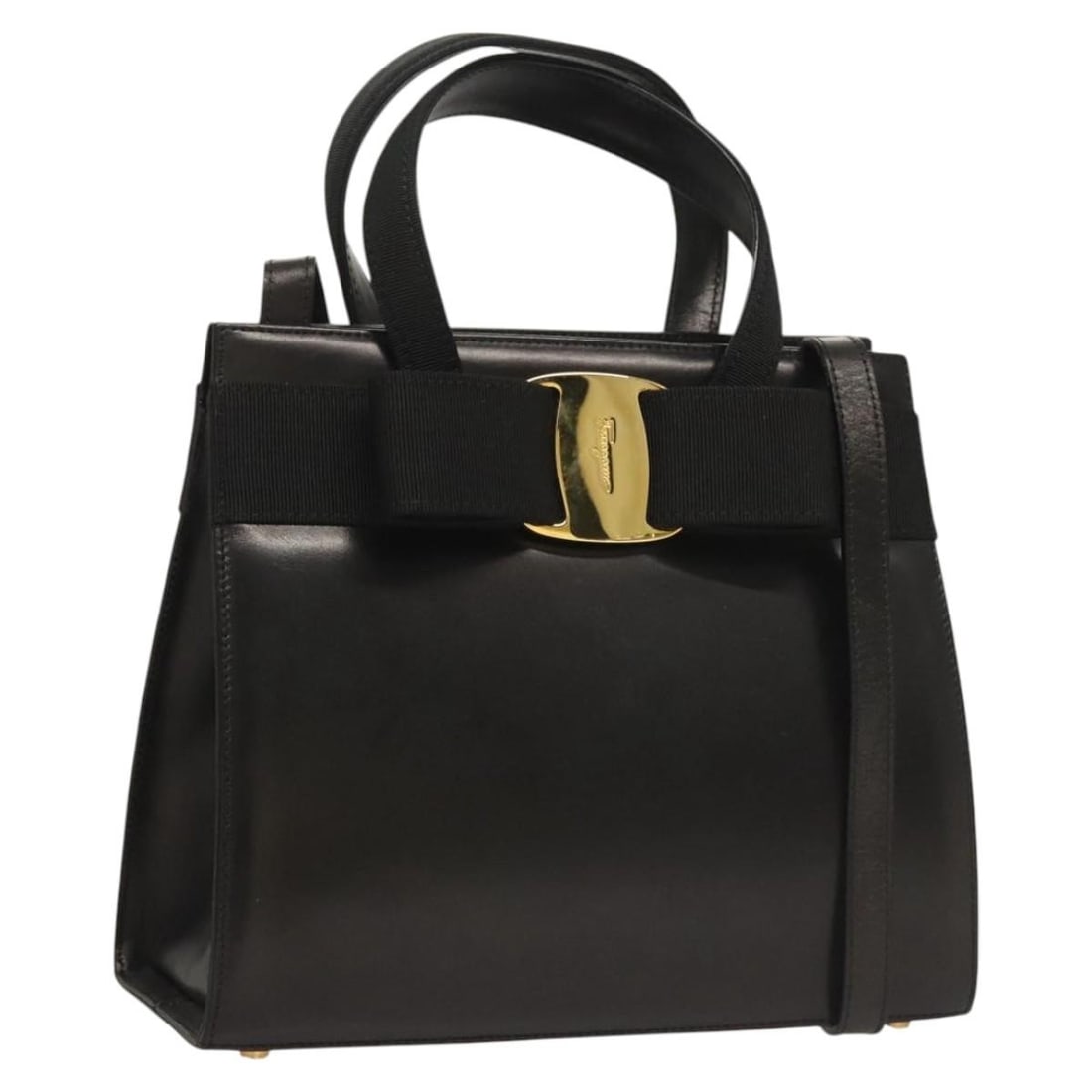 Salvatore Ferragamo Vala Leather Hand Bag Black Gold Auth (1 of 18)