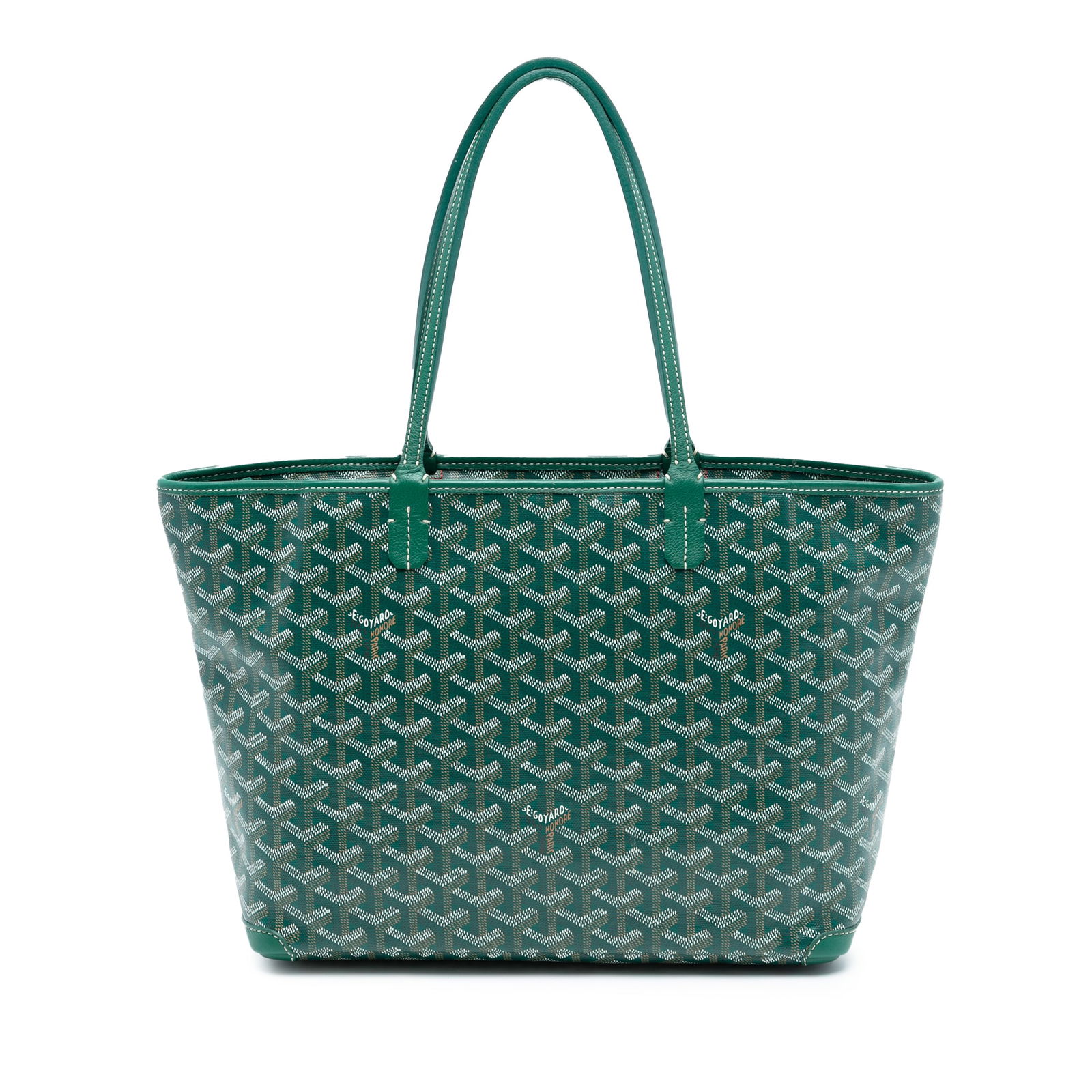 Goyard Artois PM Tote Green Coated Canvas with Leather Trim: Goyard Artois PM Tote Green Coated Canvas with Leather Trim The Goyardine Artois PM is crafted with a coated canvas body, complemented by leather trim and flat leather straps. It features a top zip cl