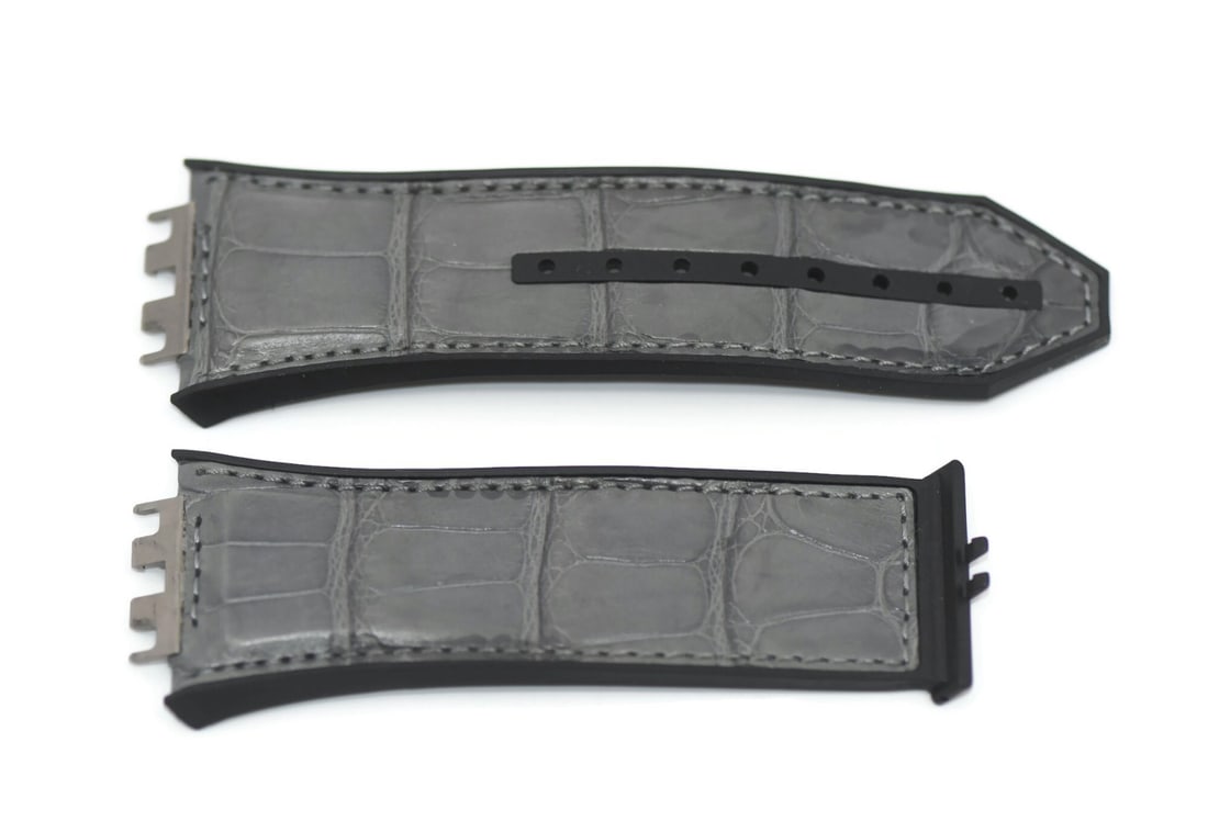 Hublot Authentic Grey Leather Watch Strap 31x23mm: Hublot Authentic Grey Leather Watch Strap 31x23mm Elevate your timepiece with this Hublot Grey Leather Strap, designed to fit wristwatches seamlessly. This strap features a width of 31mm at the watch