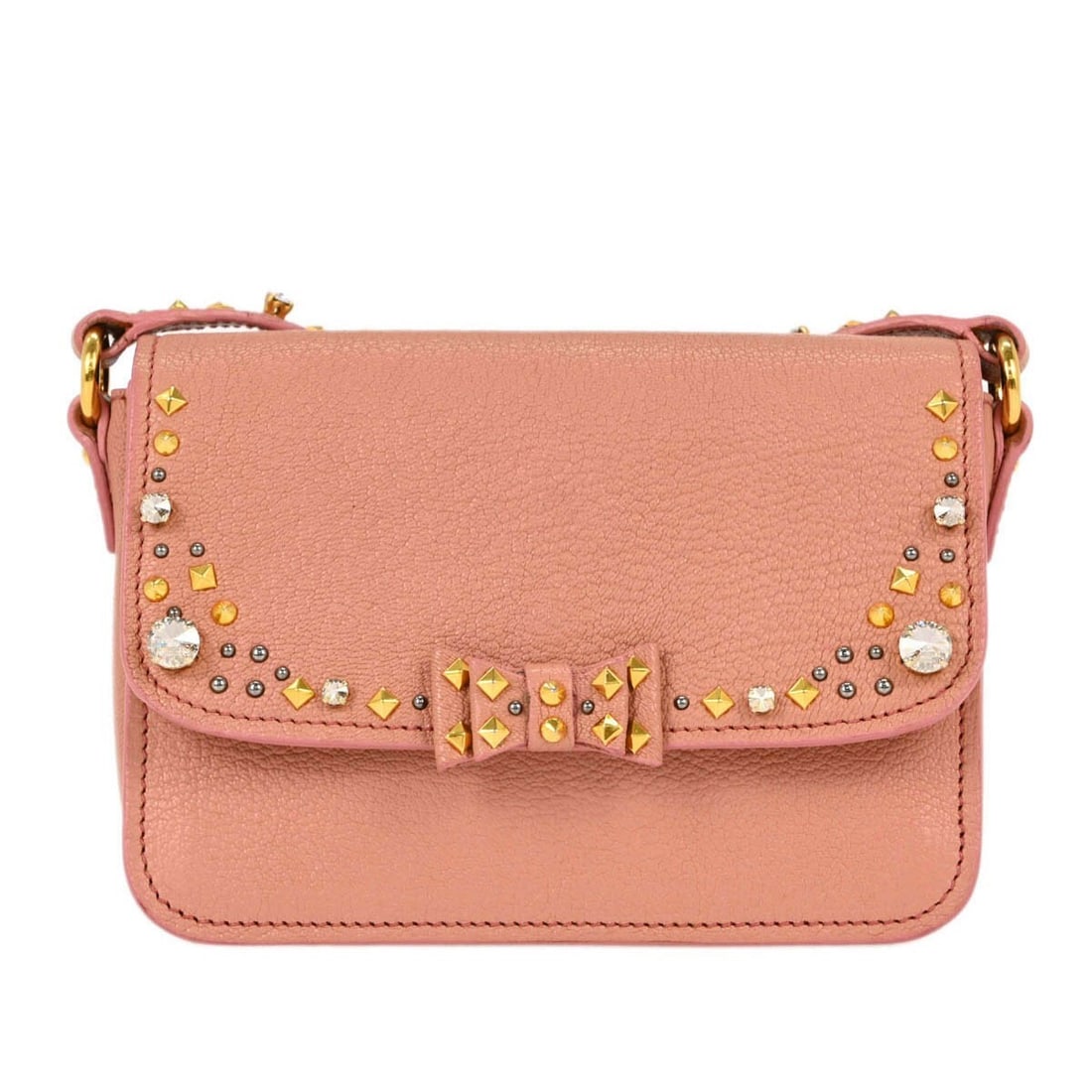 Mini Pink Goatskin Crossbody with Stud Accents by Miu Miu 194/A: Mini Pink Goatskin Crossbody with Stud Accents by Miu Miu 194/A This Miu Miu mini crossbody bag features a pink goatskin exterior accented with studded detailing. The bag is designed with a crossbody