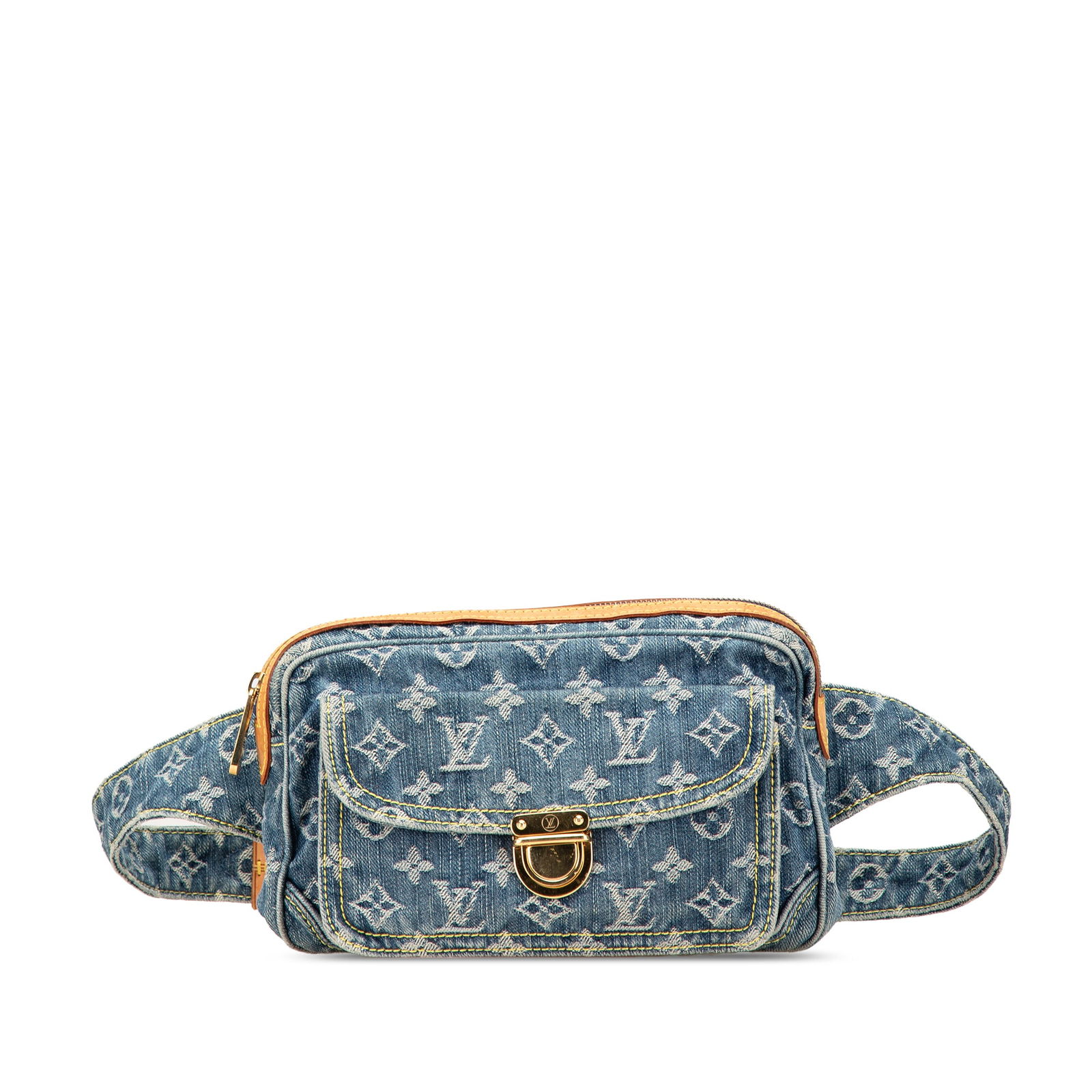 Louis Vuitton Monogram Denim Bum Bag with Vachetta Leather Trim: Louis Vuitton Monogram Denim Bum Bag with Vachetta Leather Trim The Louis Vuitton Monogram Denim Bum Bag is a stylish and practical accessory crafted from durable monogram denim and accented with vach