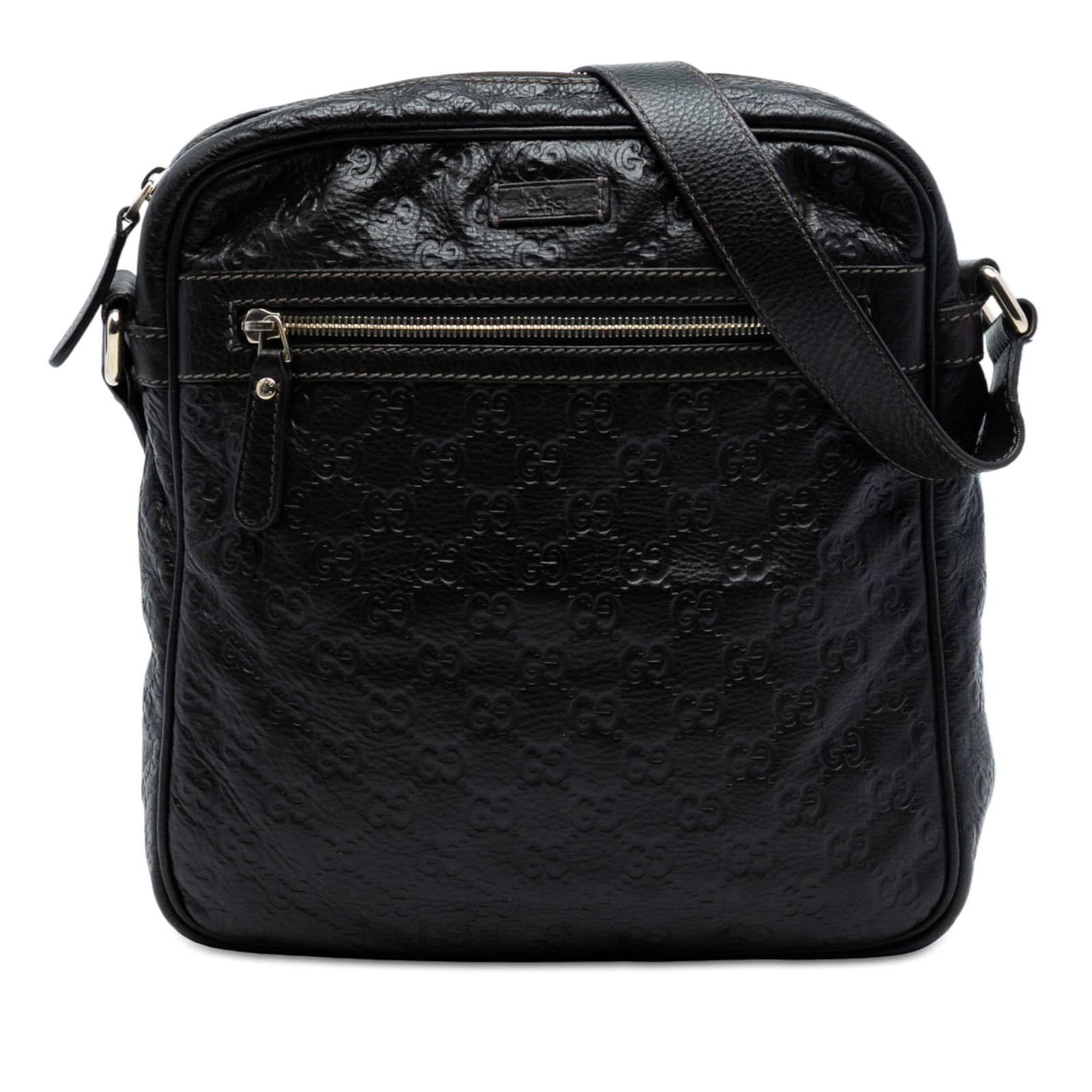 Gucci Guccissima Black Leather Adjustable Strap Crossbody Bag: Gucci Guccissima Black Leather Adjustable Strap Crossbody Bag This Gucci Guccissima crossbody bag is crafted from embossed leather in black and features an adjustable flat leather strap, top zip closu