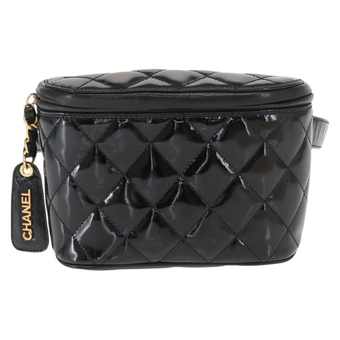 Chanel Patent Leather Quilted Waist Zip Bag Vintage Style: Chanel Patent Leather Quilted Waist Zip Bag Vintage Style This vintage Chanel zip belt bag for women features a quilted black patent leather exterior. Designed as a waist bag, it offers a compact and
