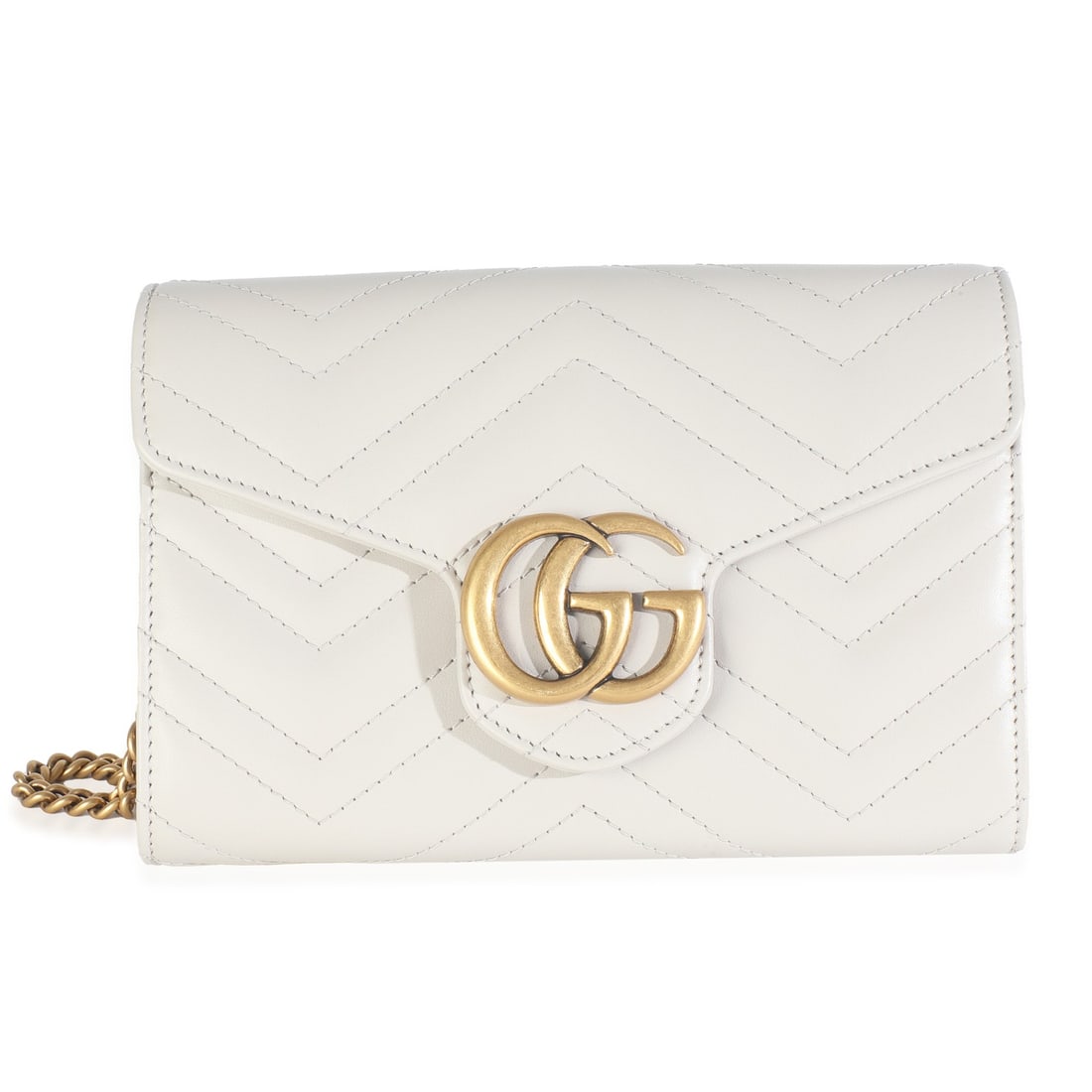 GG Marmont Matelasse Leather Crossbody Wallet in Grey with Chain by Gucci: GG Marmont Matelasse Leather Crossbody Wallet in Grey with Chain by Gucci This Gucci GG Marmont chain wallet is crafted from grey calfskin leather with a matelasse design. It features a gold-tone chai