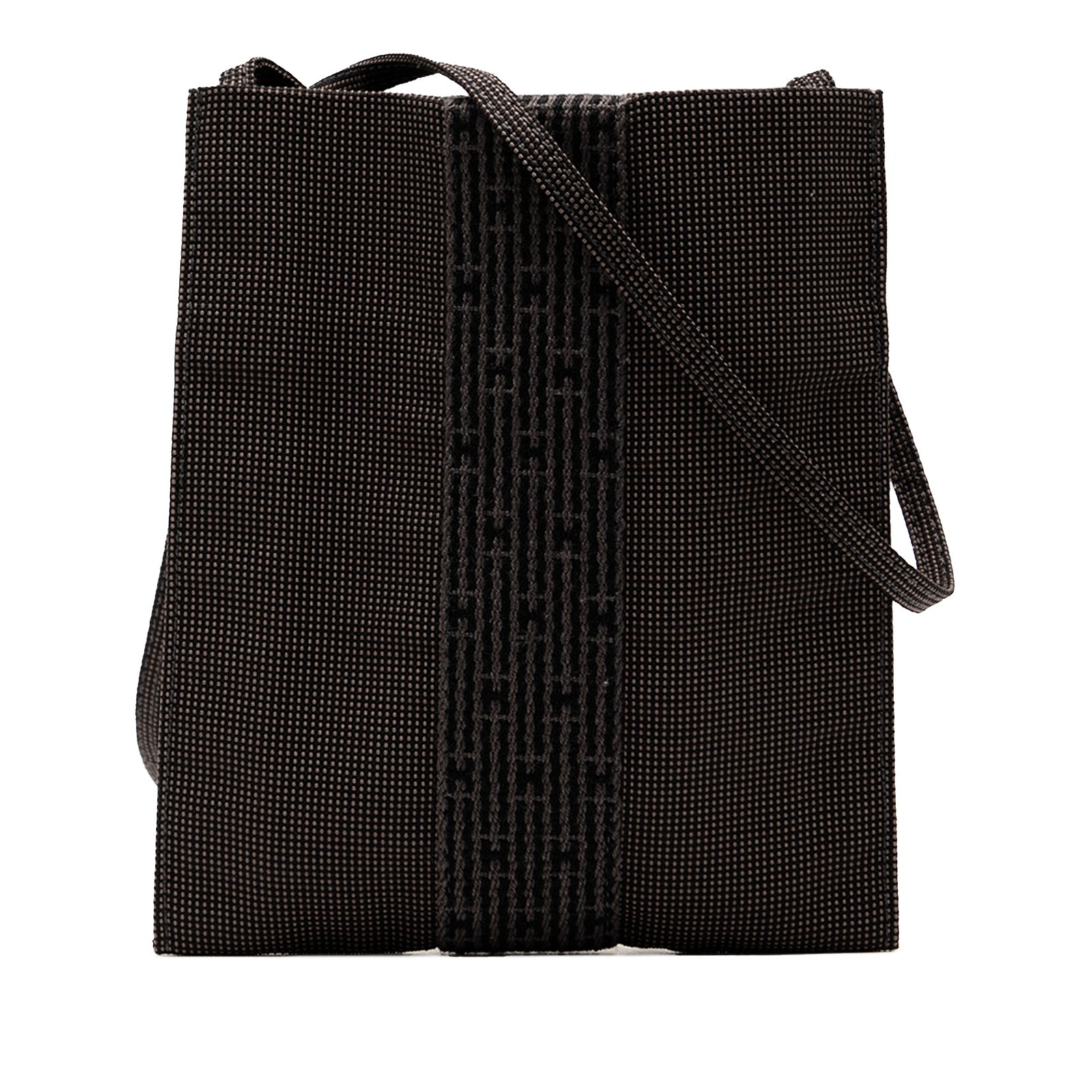 Herline Pochette Crossbody Bag by Hermes in Gray Fabric: Herline Pochette Crossbody Bag by Hermes in Gray Fabric The Hermes Herline Pochette crossbody bag features a gray polyester body with a flat polyester strap and an open top design. It is crafted from