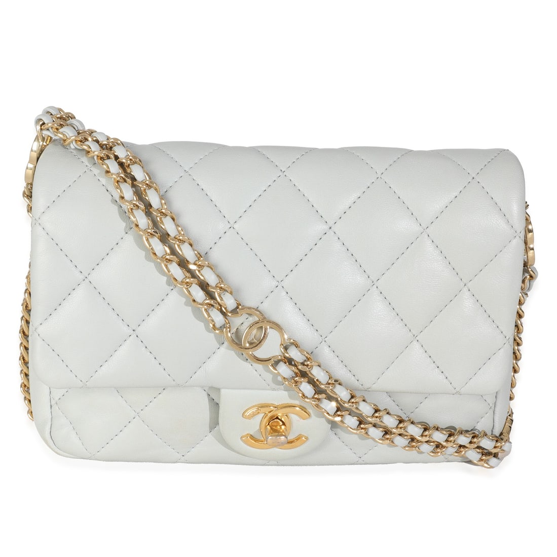 Chanel CC You Mini Flap Bag Light Blue Quilted Leather Gold-Tone: Chanel CC You Mini Flap Bag Light Blue Quilted Leather Gold-Tone Introducing the Chanel Light Blue Quilted Lambskin CC You Mini Flap Bag, a stylish accessory for any occasion. Crafted from high-qualit