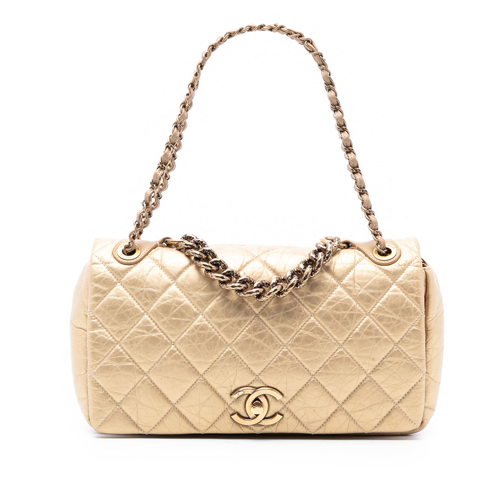 Chanel Pondichery Medium Aged Calf Leather Quilted Flap Shoulder Bag Gold (1 of 7)