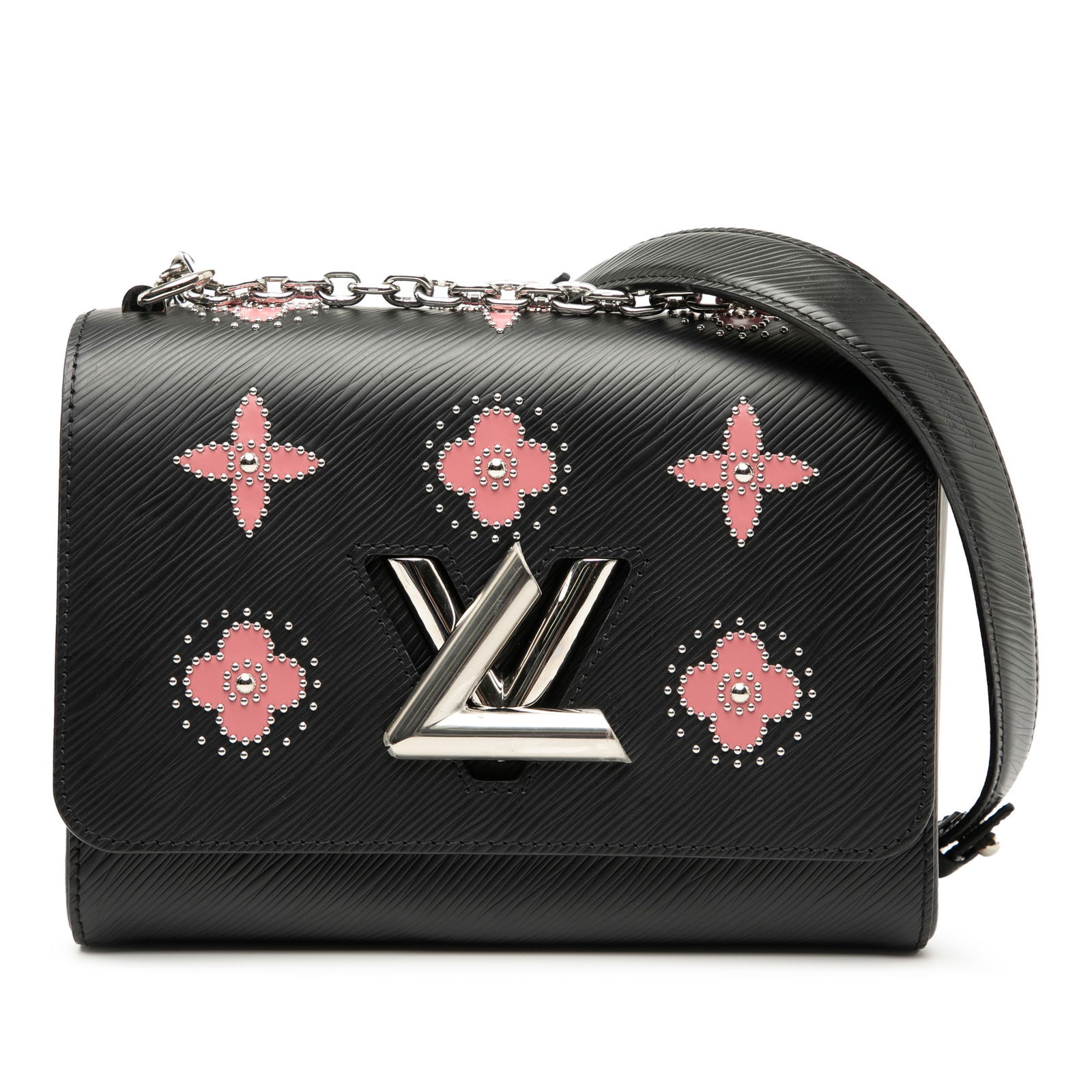 Black Epi Leather Louis Vuitton Twist MM Bag with Floral Accents: Black Epi Leather Louis Vuitton Twist MM Bag with Floral Accents This Louis Vuitton Epi Flower Embellished Twist MM features a flower-adorned Epi leather body in black, complemented by a chain link st