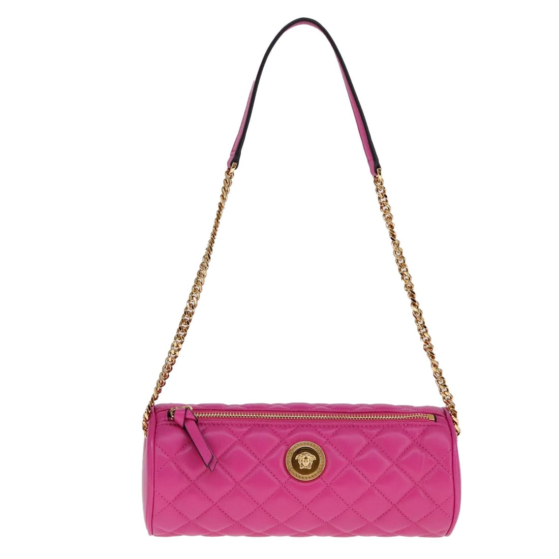 Pink Leather Versace Medusa Shoulder Bag for Women: Pink Leather Versace Medusa Shoulder Bag for Women This pre-owned Versace Medusa Shoulder Bag is crafted from pink leather and designed for women. It features a compact silhouette and is in very good