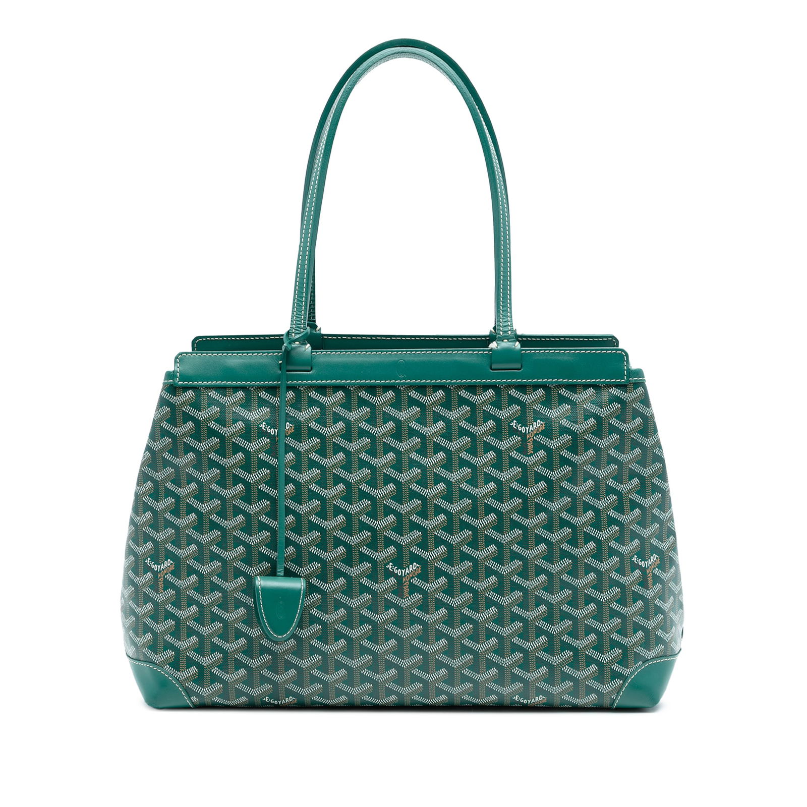 Goyard Bellechasse PM Green Coated Canvas Tote with Leather Trim: Goyard Bellechasse PM Green Coated Canvas Tote with Leather Trim The Bellechasse PM features a coated canvas exterior with leather trim, flat leather straps, an open top, and an interior slip pocket.