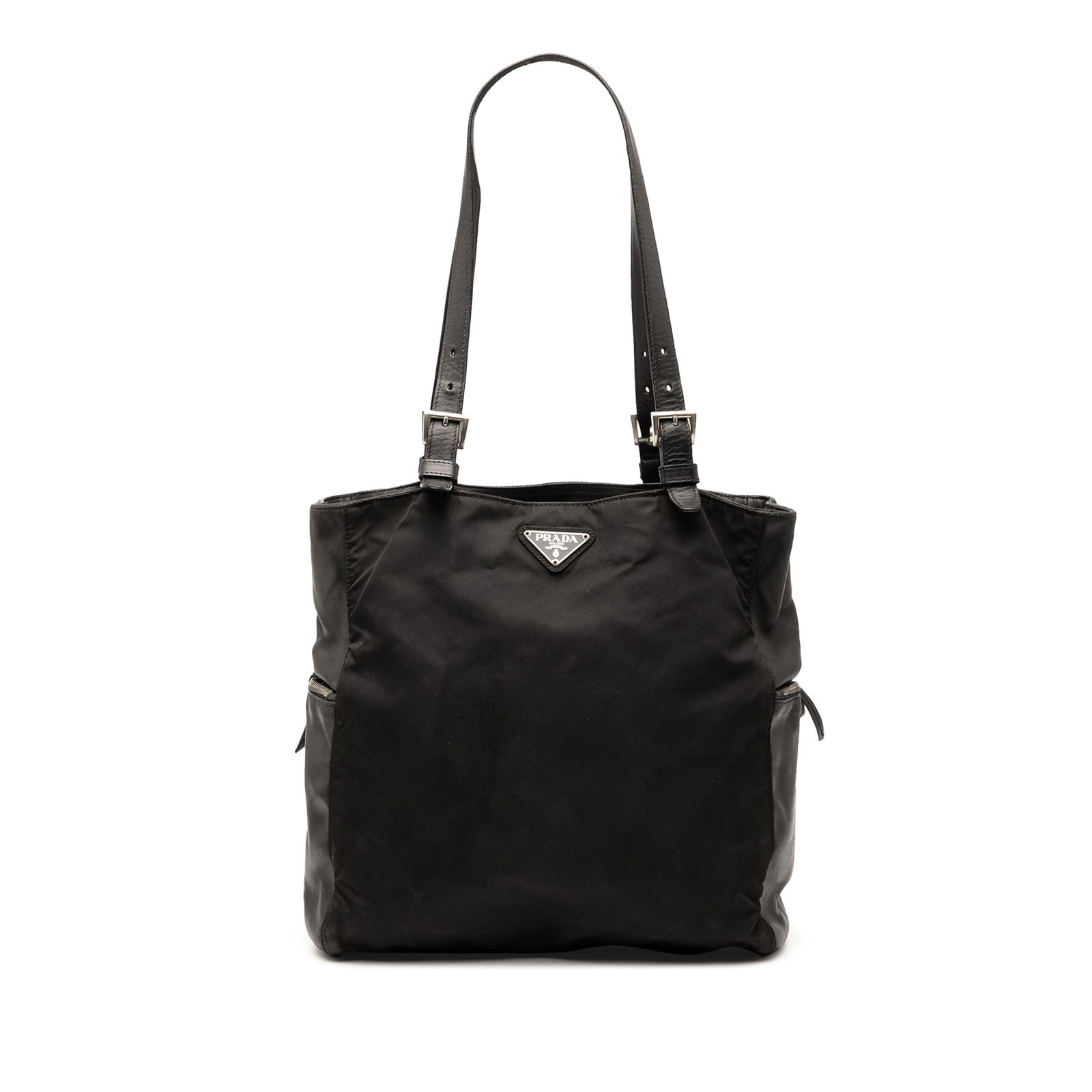 Prada Vitello Trimmed Tessuto Tote Bag Black Nylon Leather: Prada Vitello Trimmed Tessuto Tote Bag Black Nylon Leather The Prada Vitello Trimmed Tessuto Pockets Tote is a stylish and functional bag characterized by its durable nylon body with elegant leather t