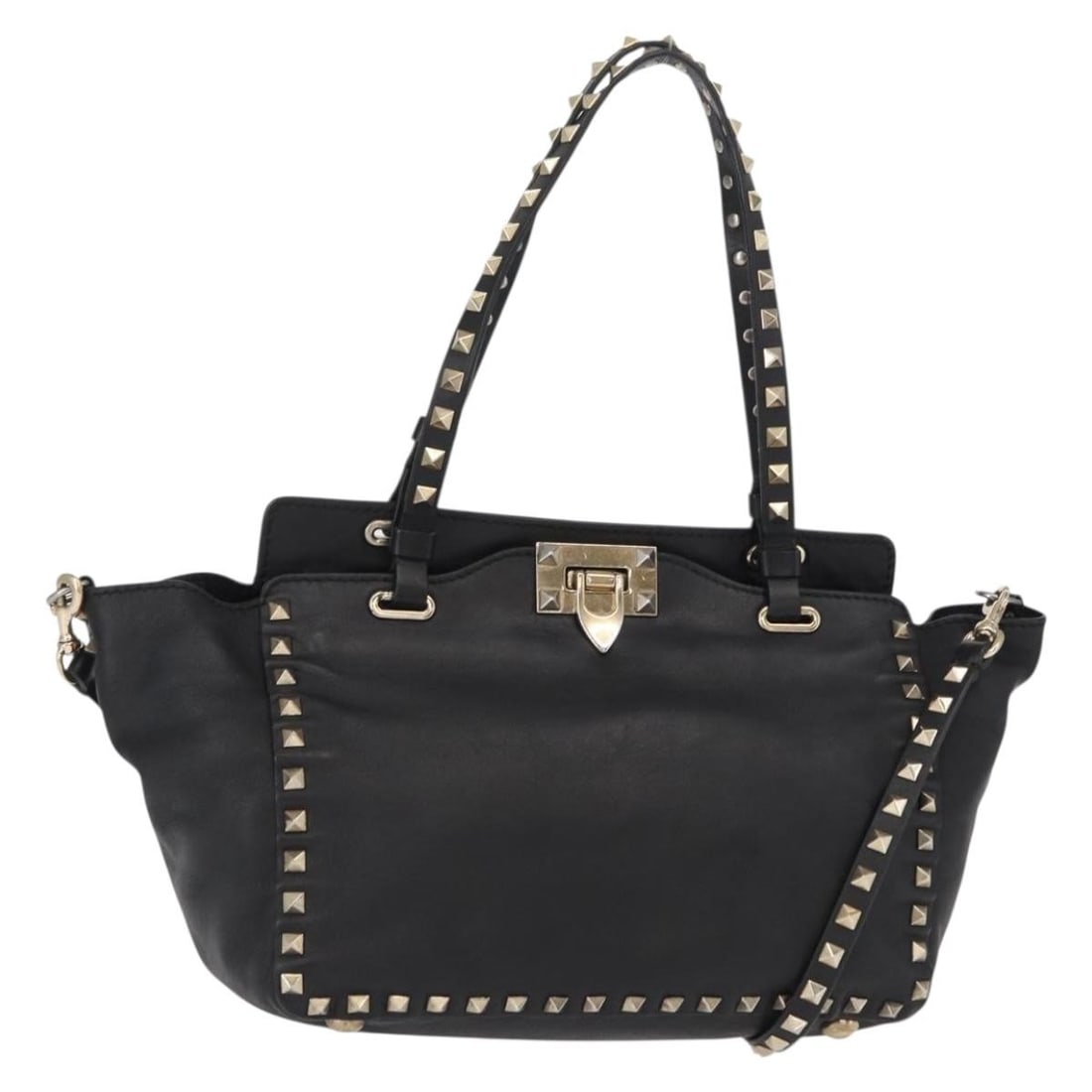 Black Textured Leather Tote Bag by Valentino Garavani Rockstud: Black Textured Leather Tote Bag by Valentino Garavani Rockstud This Valentino Garavani Rockstud Tote is crafted from textured black leather and designed for female use. The tote features a spacious in