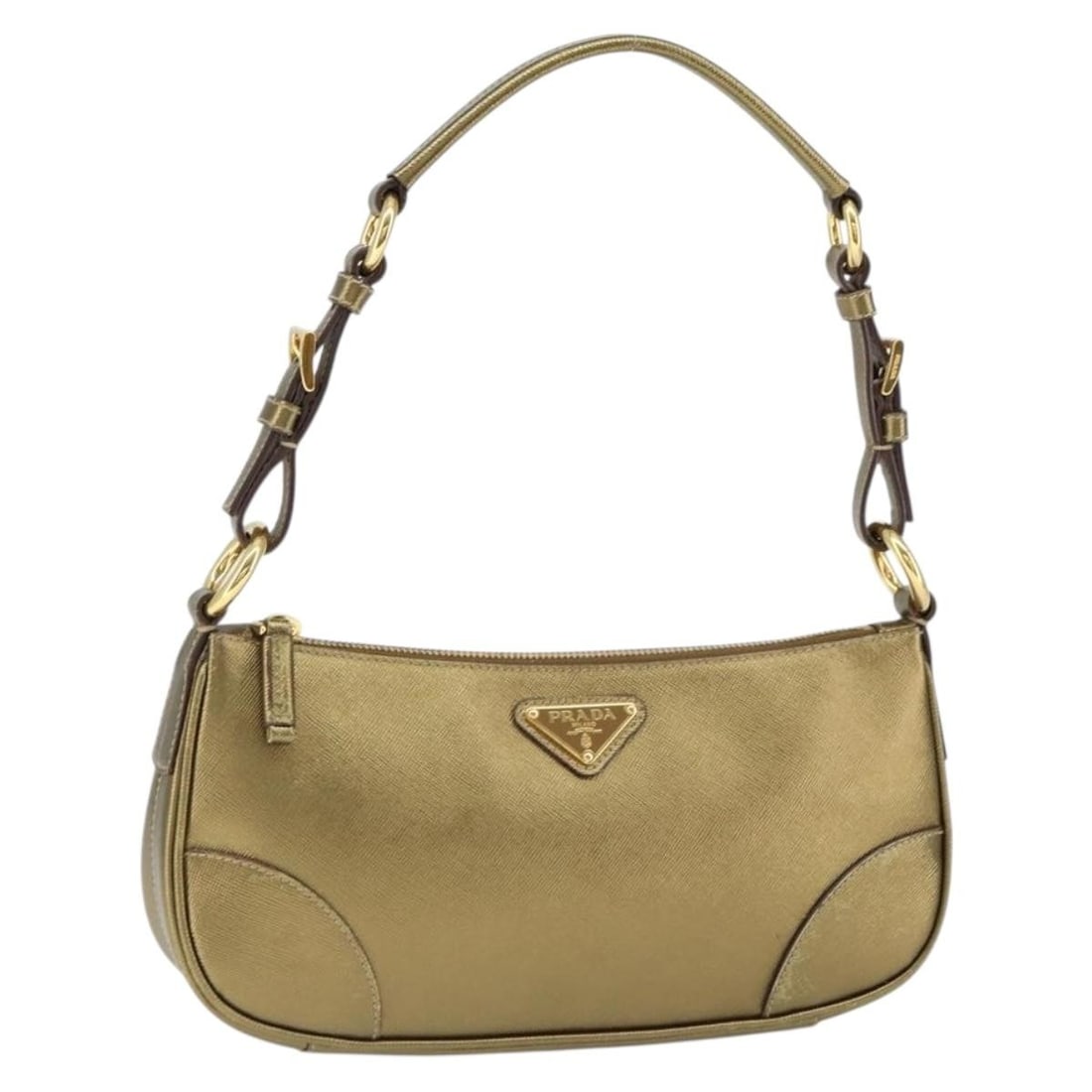 PRADA Gold Saffiano Leather Shoulder Bag with Auth Card 149196: PRADA Gold Saffiano Leather Shoulder Bag with Auth Card 149196 Introducing a chic PRADA Shoulder Bag, exquisitely crafted from premium Saffiano leather in a stunning gold color. This stylish accessory