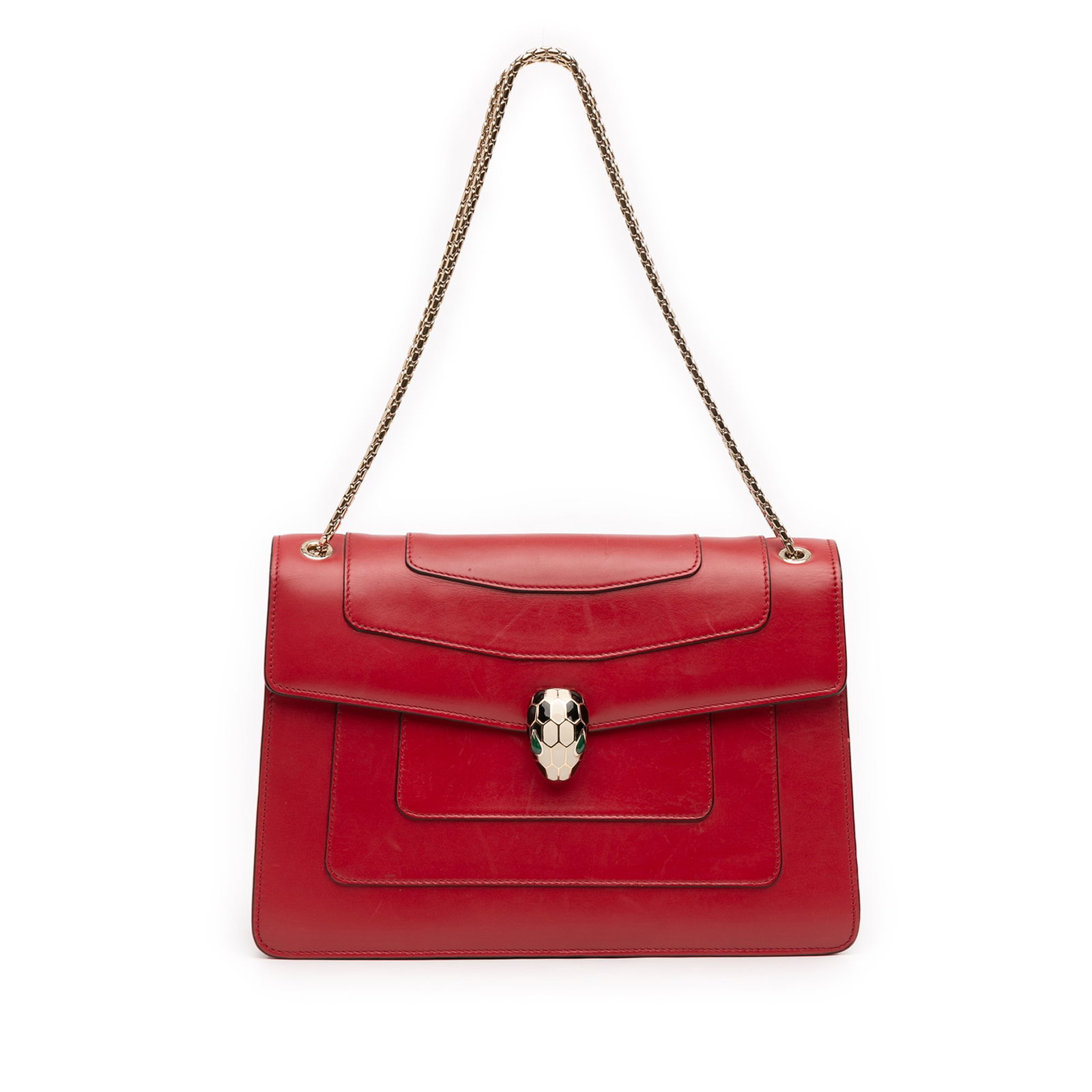 Serpenti Forever Red Leather Medium Shoulder Bag by Bvlgari: Serpenti Forever Red Leather Medium Shoulder Bag by Bvlgari The Bvlgari Serpenti Forever Medium Shoulder Bag showcases a sleek leather body in a striking red hue, complemented by a chain link shoulder