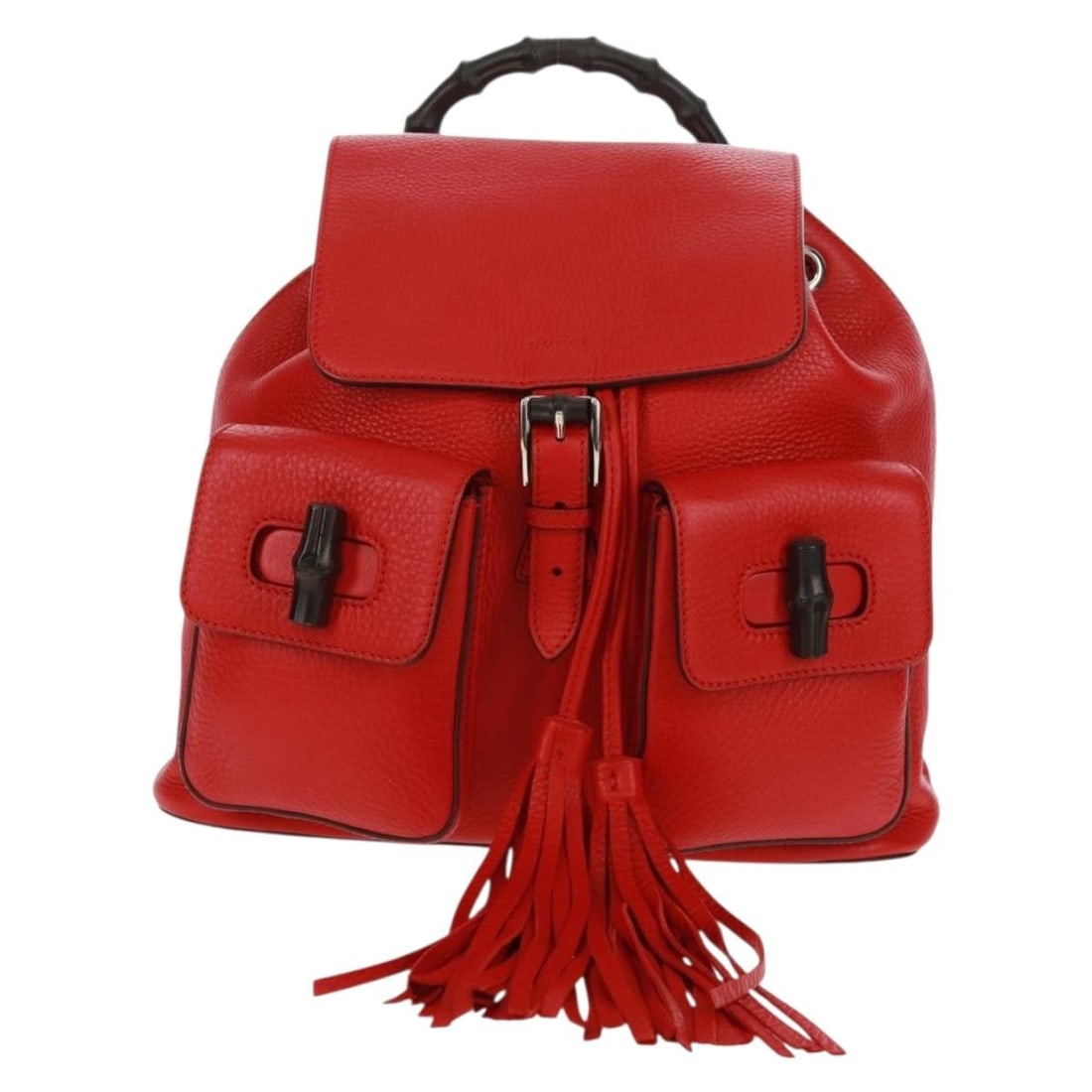 Red Leather Gucci Bamboo Tassel Backpack for Women: Red Leather Gucci Bamboo Tassel Backpack for Women This pre-owned Gucci Bamboo Tassel Backpack is crafted from red leather and designed for women. It features a bamboo tassel detail, with slight rubbi