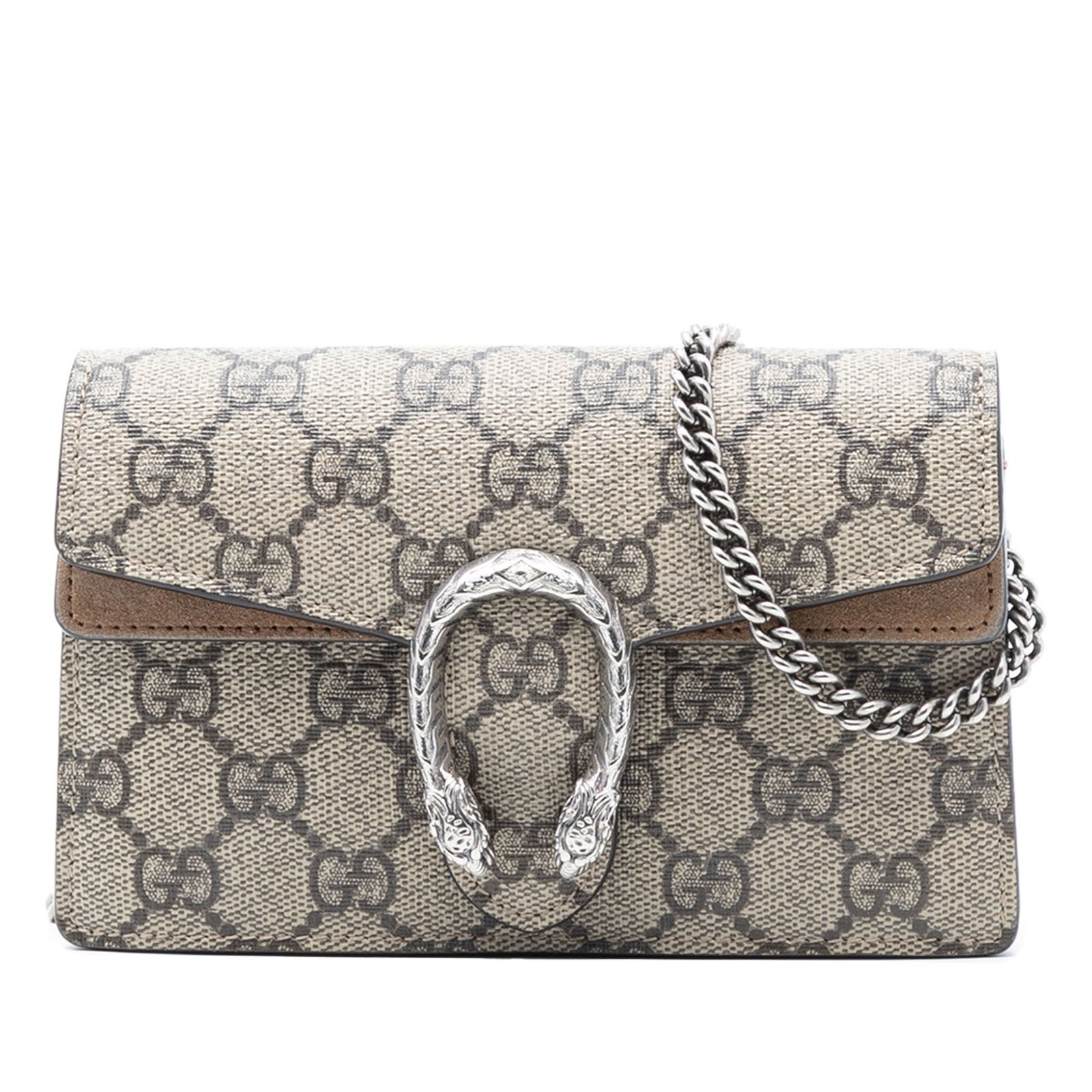 Gucci Dionysus Mini GG Supreme Canvas Chain Shoulder Bag: Gucci Dionysus Mini GG Supreme Canvas Chain Shoulder Bag This Gucci Mini GG Supreme Dionysus crossbody bag features a canvas body with suede leather trim, a silver-tone chain link strap, and a top fla