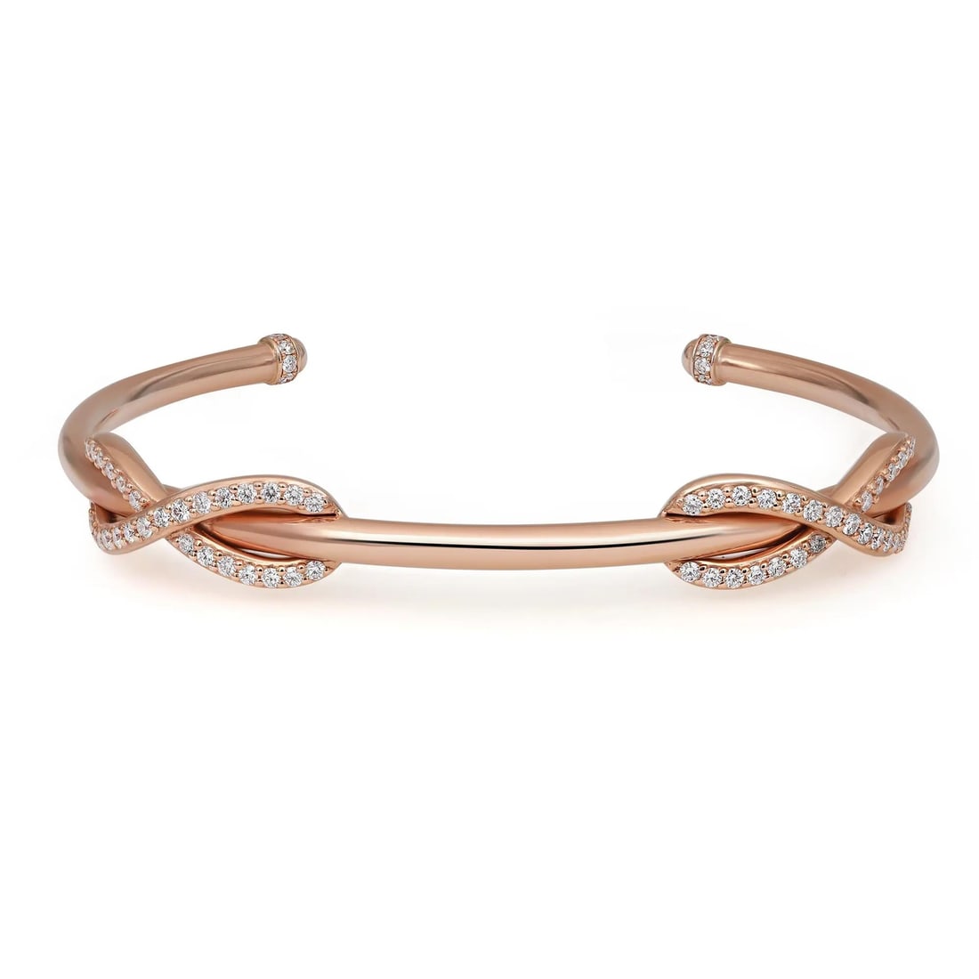 Tiffany & Co. 18K Rose Gold Infinity Cuff Bracelet with 0.65ct Diamonds: Tiffany & Co. 18K Rose Gold Infinity Cuff Bracelet with 0.65ct Diamonds This exquisite cuff bracelet from Tiffany & Co. is crafted from solid 18K rose gold, showcasing a stunning double infinity desig