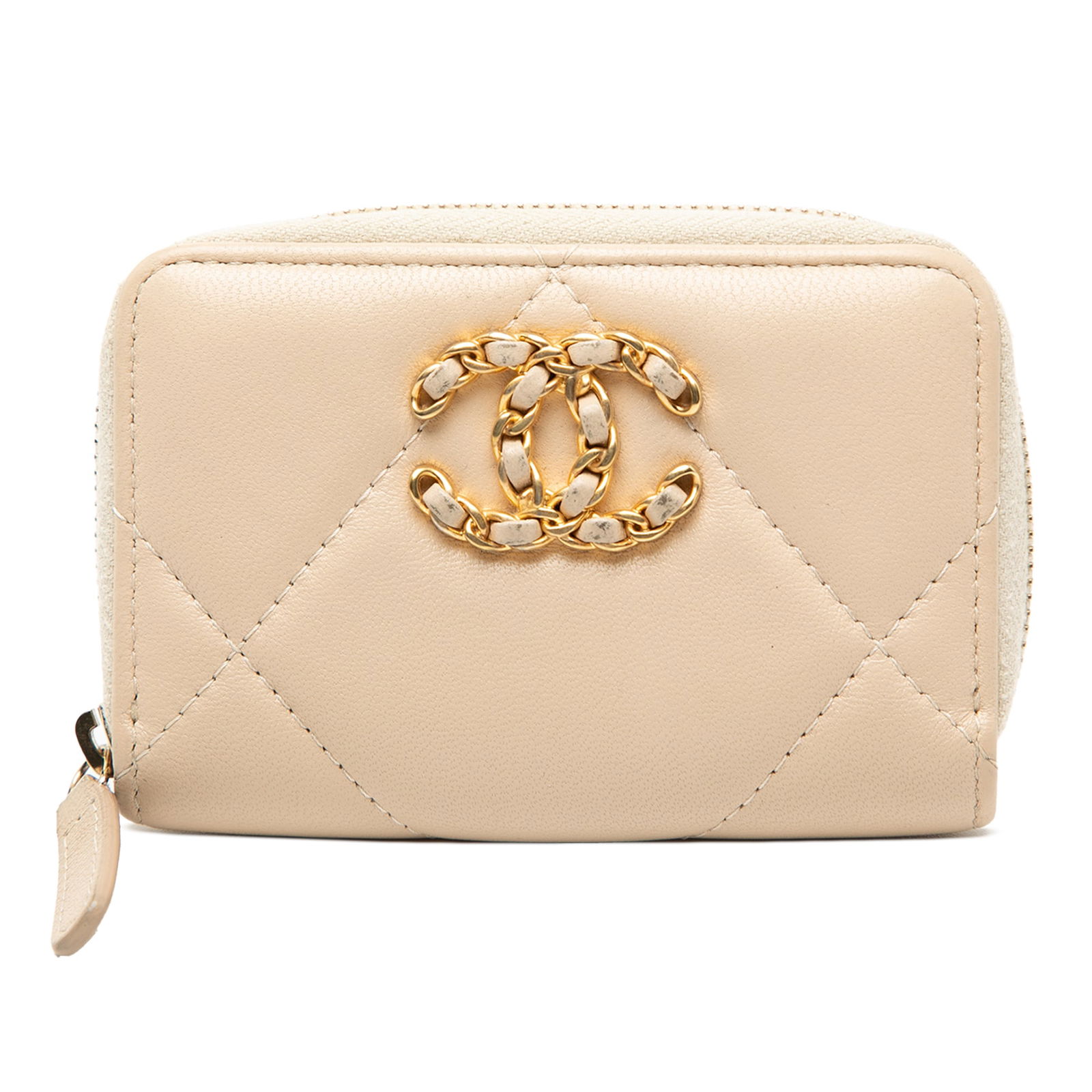 Brown Chanel 19 Quilted Leather Zip Coin Pouch from Italy: Brown Chanel 19 Quilted Leather Zip Coin Pouch from Italy This Chanel Quilted Lambskin 19 Zip Coin Purse features a quilted lambskin leather exterior in brown, a top zip closure, and interior pockets.