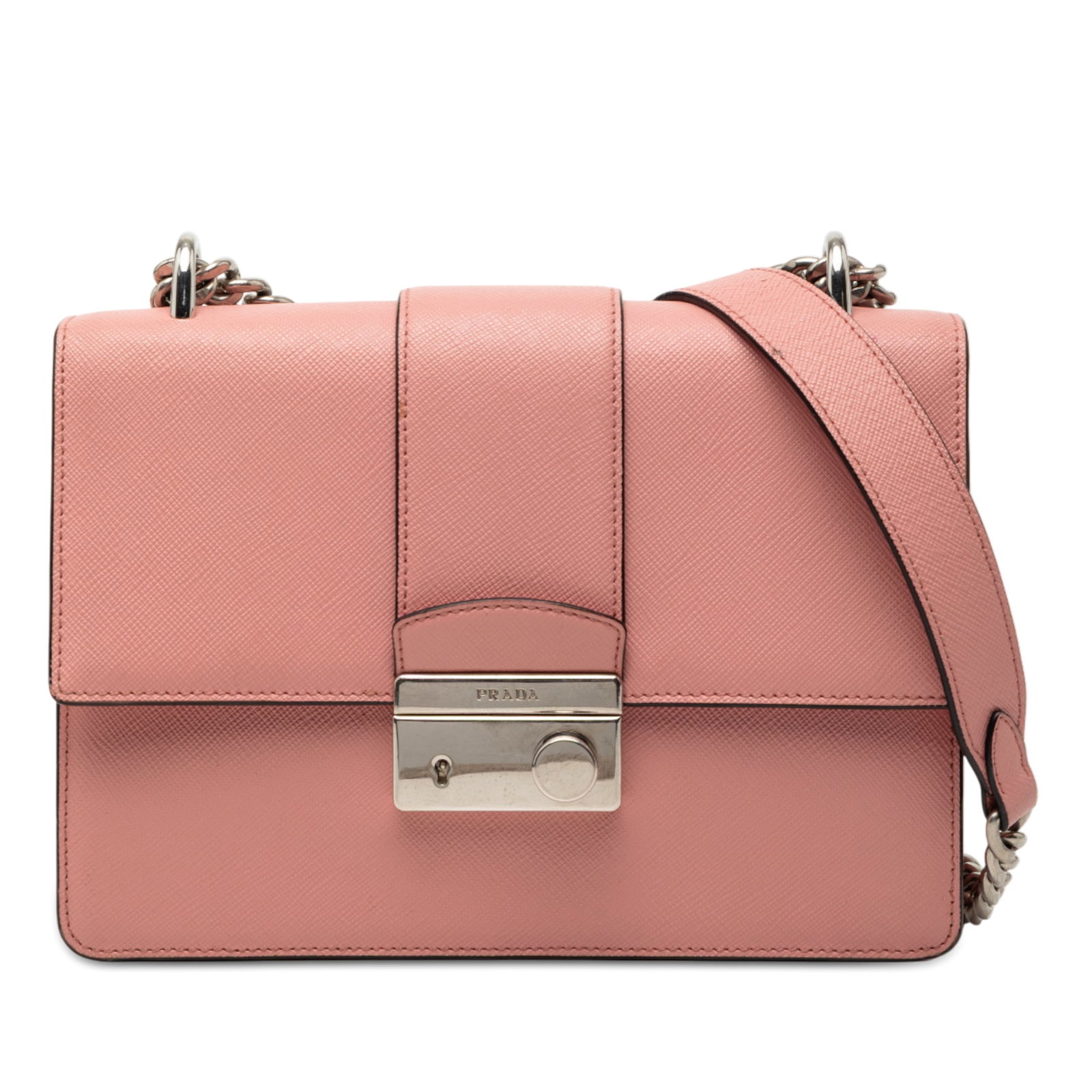 Prada Saffiano Leather Sound Lock Pink Chain Crossbody Bag: Prada Saffiano Leather Sound Lock Pink Chain Crossbody Bag This Prada Small Saffiano Sound Lock Chain Crossbody features a pink saffiano leather body, a curb chain shoulder strap with a leather guard,