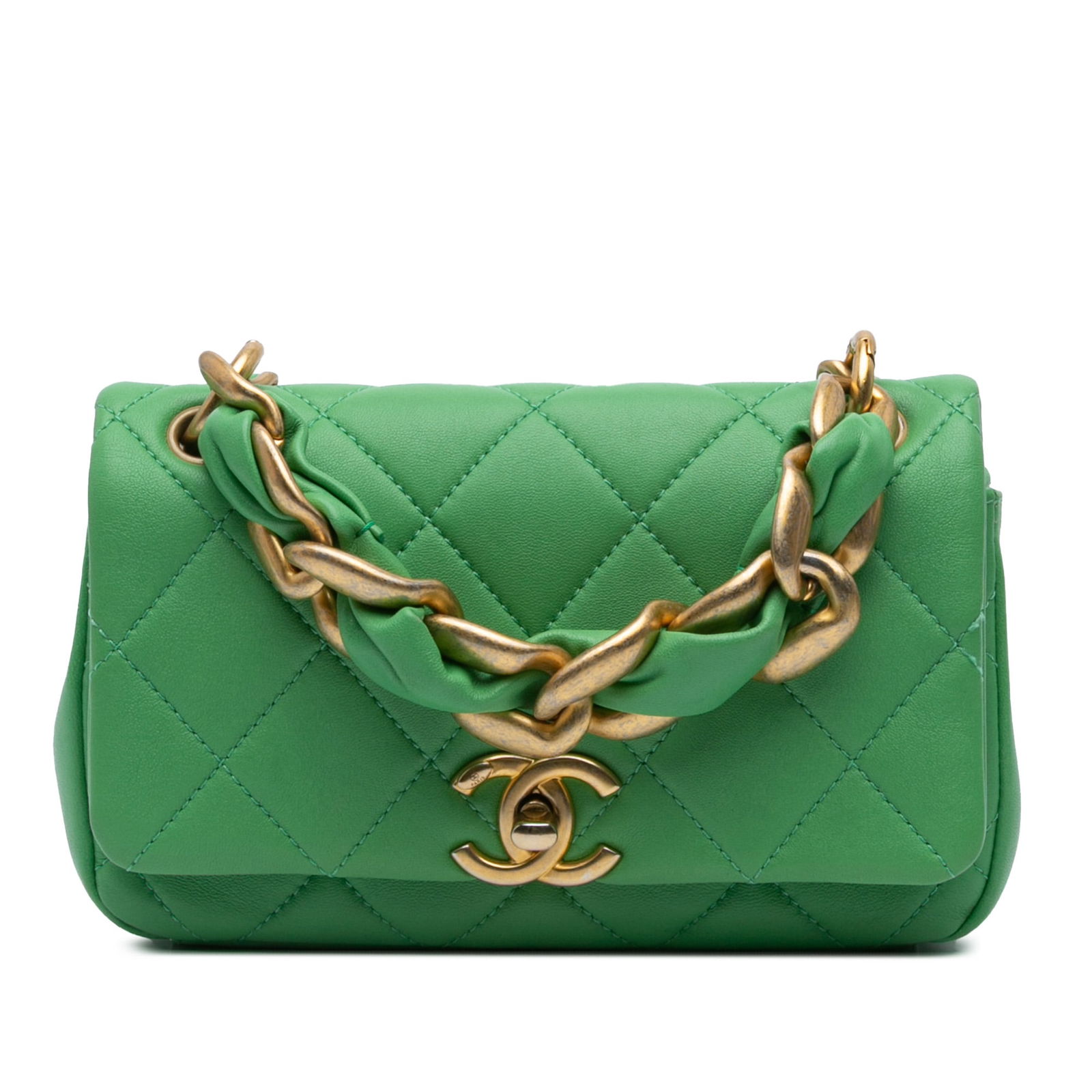 Chanel Small Quilted Lambskin Chain Flap Bag Green Leather: Chanel Small Quilted Lambskin Chain Flap Bag Green Leather This Chanel Small Quilted Lambskin Chain Is More Flap satchel is crafted from luxurious quilted lambskin leather in an elegant green hue. It