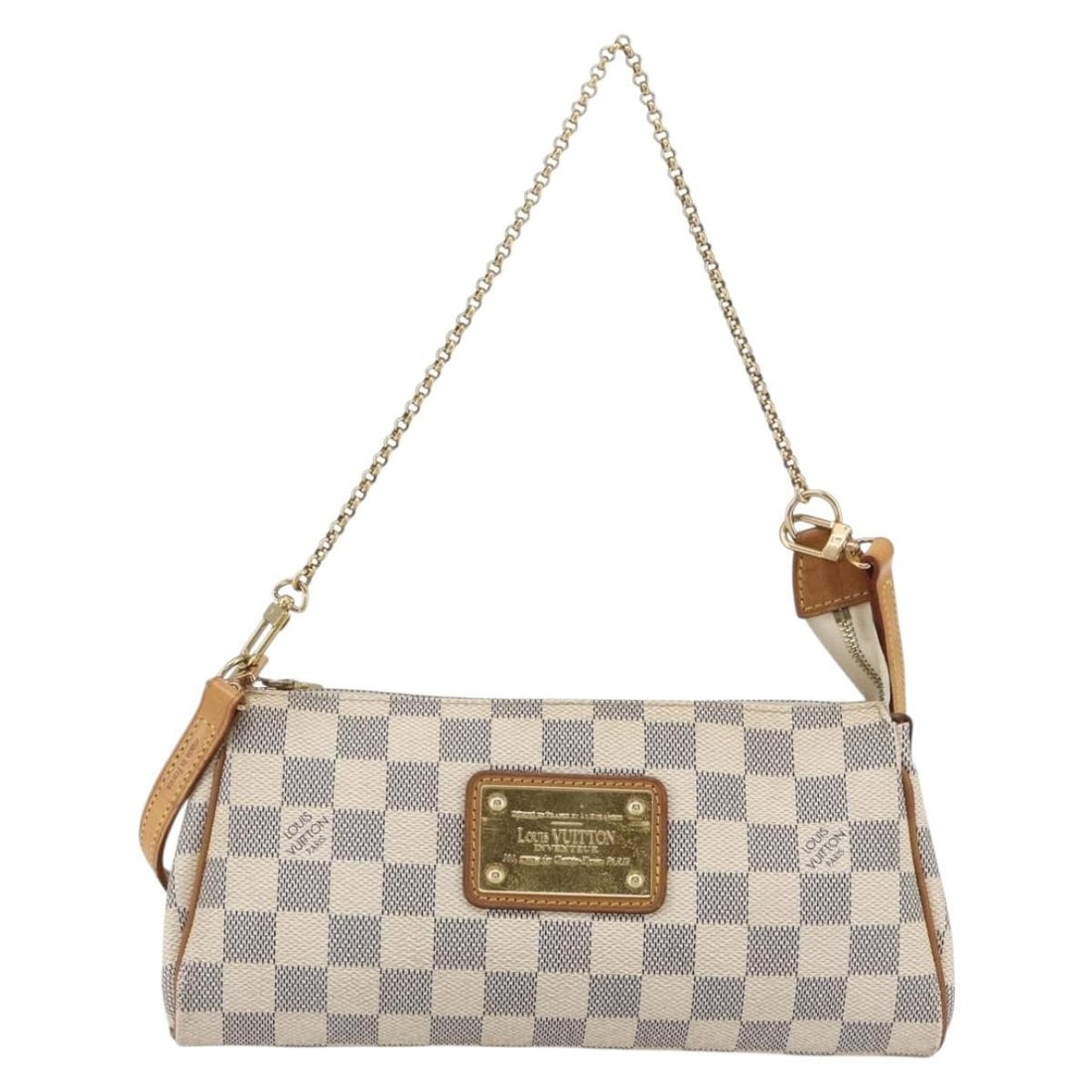Eva beige canvas shoulder bag by Louis Vuitton France: Eva beige canvas shoulder bag by Louis Vuitton France This Louis Vuitton Eva Handbag features the iconic Damier canvas in beige, designed for women. The bag shows signs of use, including shape loss, s