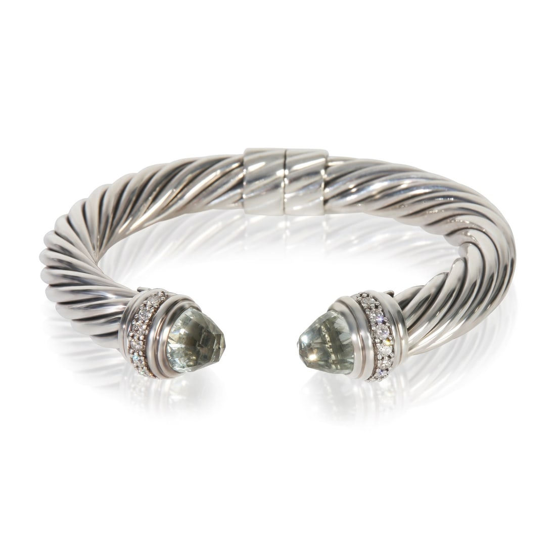 Hinged Cable Bracelet in Sterling Silver with Prasiolite and Diamonds by David Yurman: Hinged Cable Bracelet in Sterling Silver with Prasiolite and Diamonds by David Yurman This David Yurman bracelet features a hinged cable design crafted from sterling silver. It is set with a round bri