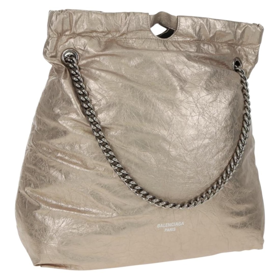 Balenciaga Crush Medium Champagne Gold Leather Shoulder Bag with Chain: Balenciaga Crush Medium Champagne Gold Leather Shoulder Bag with Chain This BALENCIAGA Crush Medium Chain Bag is crafted from leather in a champagne gold color. Designed as a shoulder bag, it features