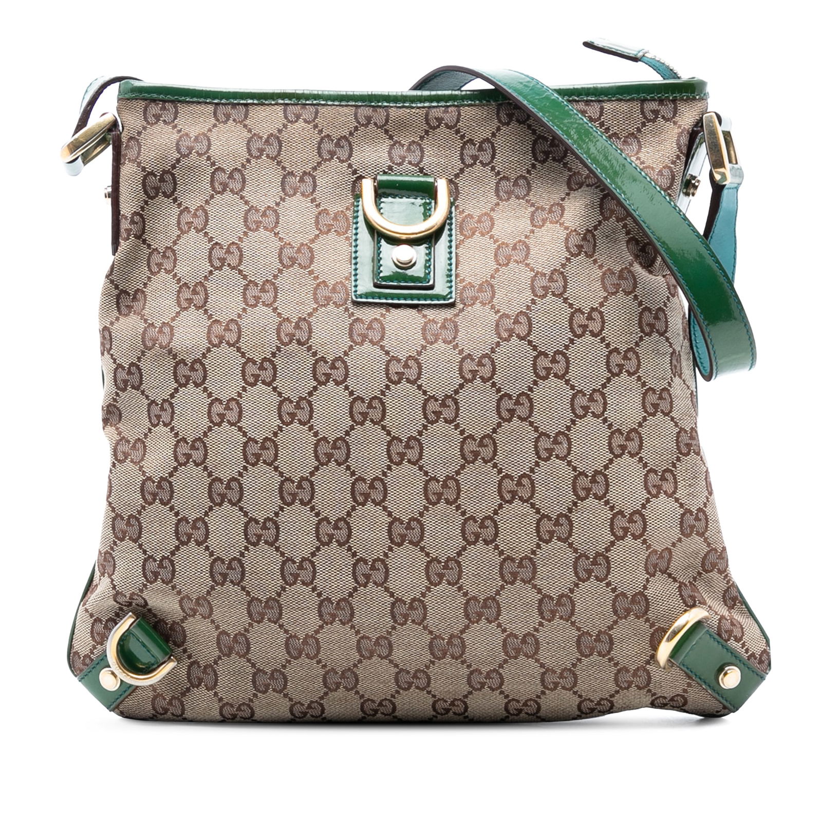 Gucci Abbey D Ring GG Canvas Brown Crossbody Bag with Patent Leather Trim: Gucci Abbey D Ring GG Canvas Brown Crossbody Bag with Patent Leather Trim This Gucci GG Canvas Abbey D Ring Crossbody bag features a brown canvas body with patent leather trim and an adjustable flat l