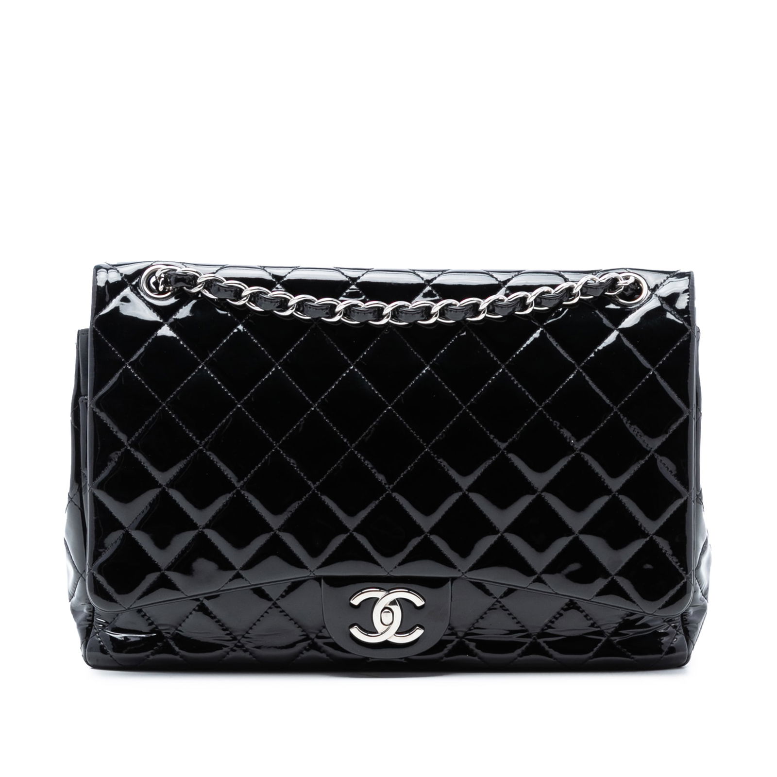 Black Quilted Patent Leather Maxi Double Flap Shoulder Bag by Chanel: Black Quilted Patent Leather Maxi Double Flap Shoulder Bag by Chanel This Chanel Maxi Classic Patent Double Flap shoulder bag features a quilted black patent leather body with leather-woven chain stra